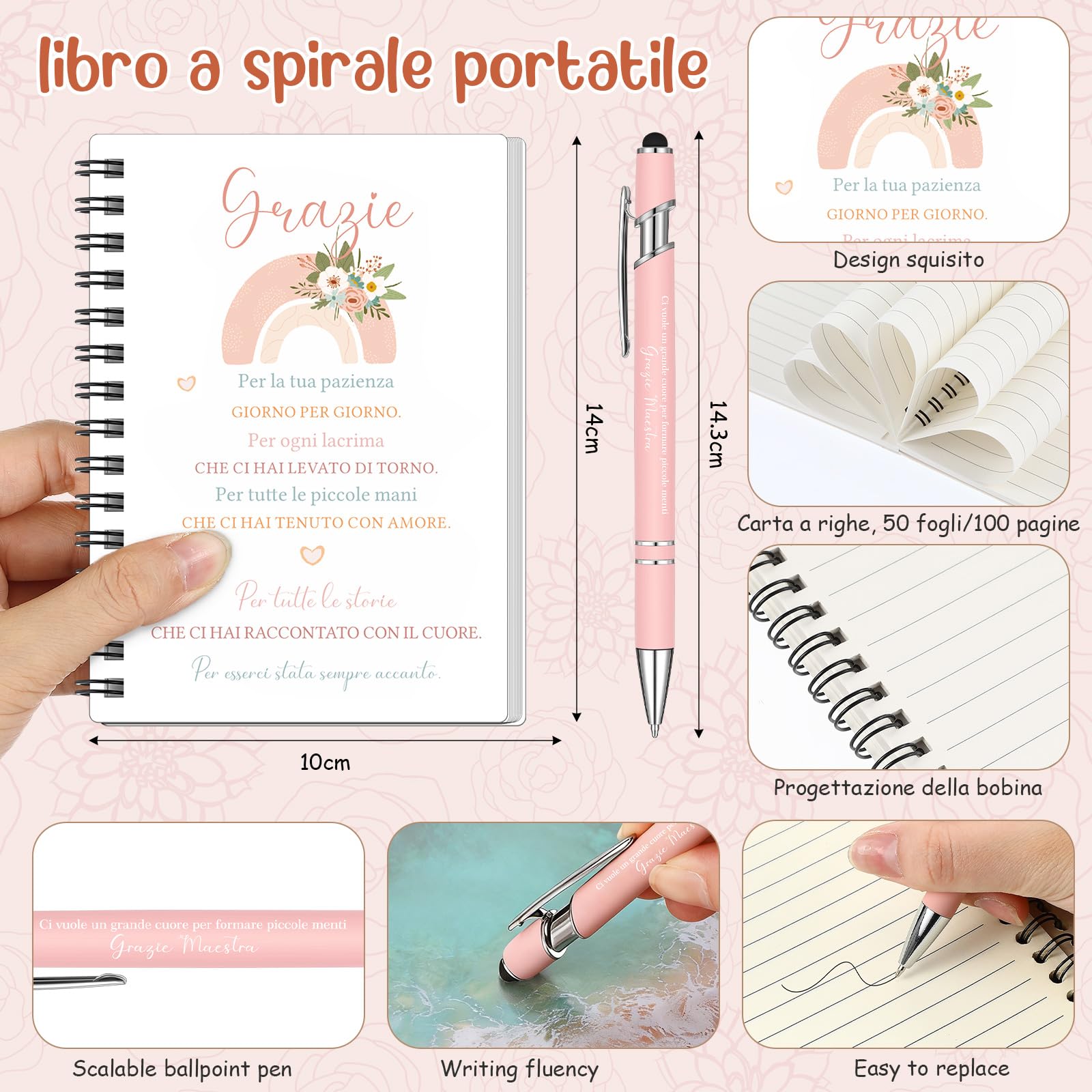 Hestya 5 Pezzi Regalo Maestre Fine Anno Grazie Maestra Borsa Tote per Insegnanti Borsa Comestic Portachiavi Penna a Sfera Taccuini Tascabili Regali Ringraziamento per Insegnante Laurea Compleanno