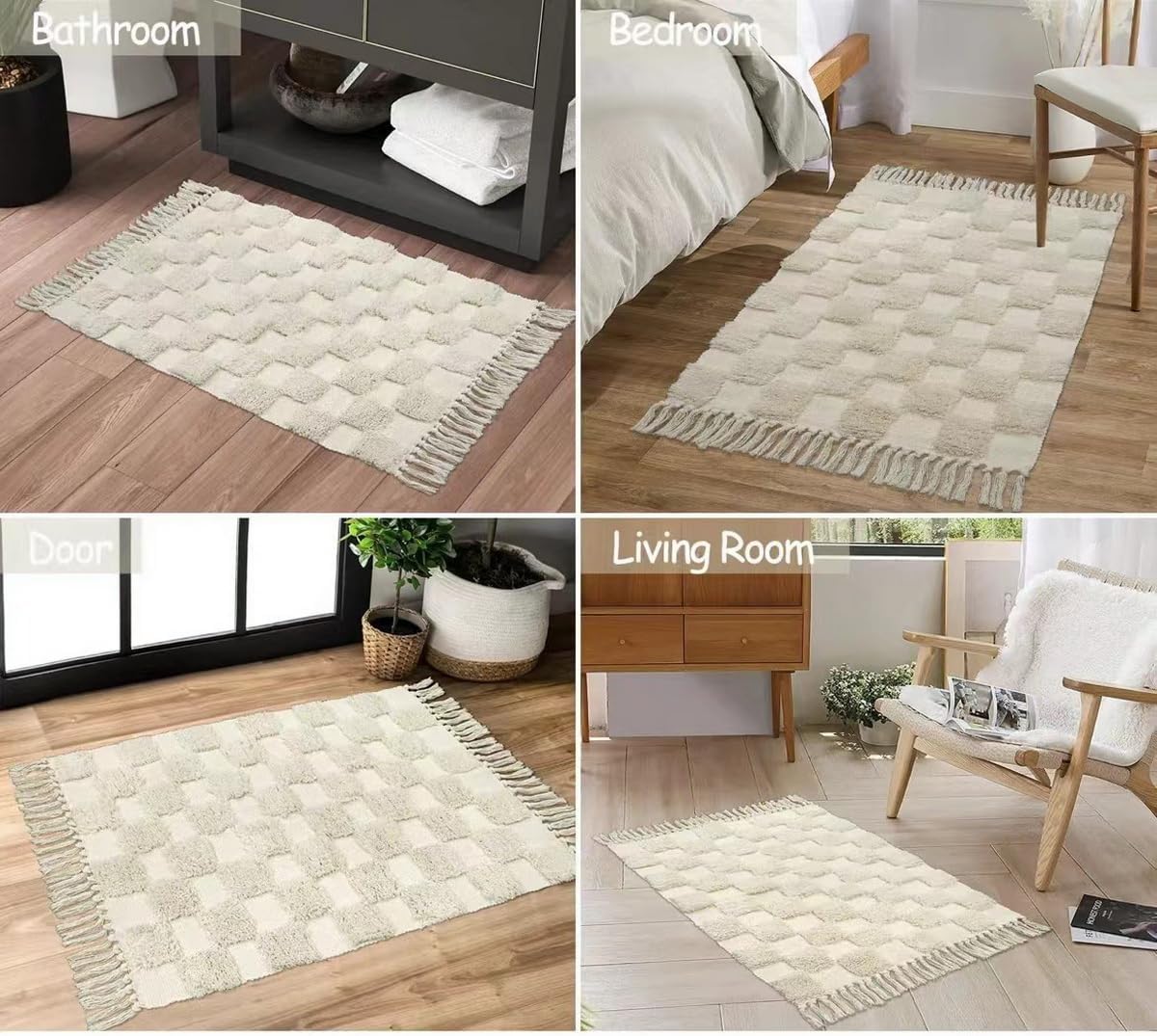 Boho Checkered Tufted Place Mat Small Rug Black Hallway Runner Washable with Tassels Indoor Farmhouse Floor Carpet for Kitchen Bathroom Laundry Doorway Bedroom Living Room (White)