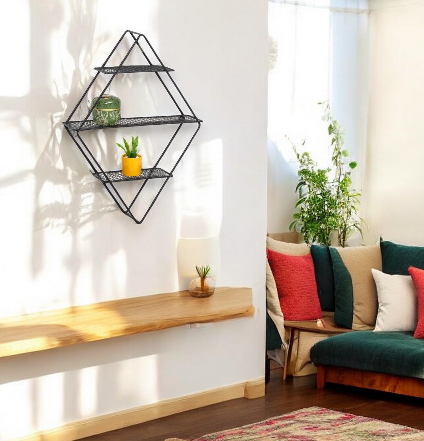 Honey-Can-Do 3-Tier Metal Wall Shelf, Diamond-Shaped, Decorative, Black