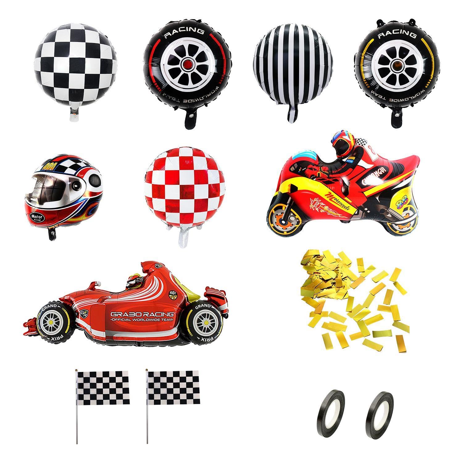 8 Pieces Of Racing Theme Balloons, 2 Pieces Of Hand-Waving Flags, 20G Of Confetti, 2 Rolls Of Balloon Ribbons