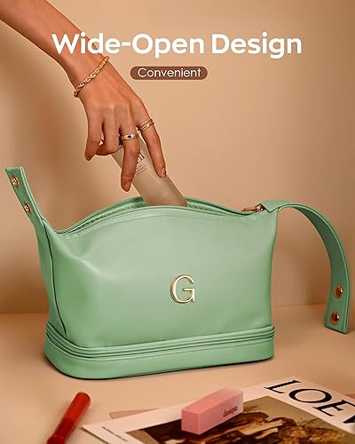 Miniatura 4 de Regalos para mujeres, bolsa de maquillaje personalizada con asa, bolsa de cosméticos con inicial de doble capa con organizador de brochas de