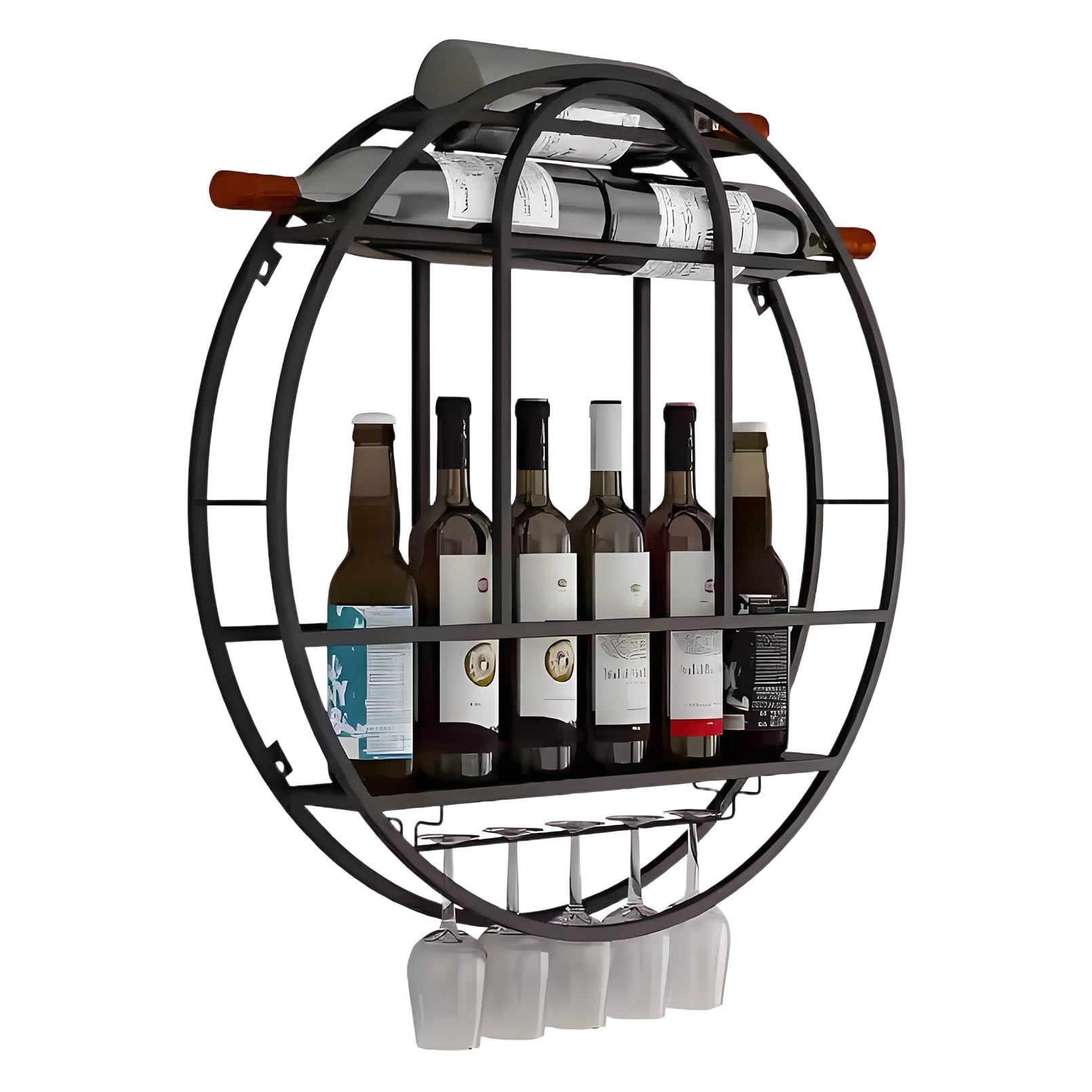 Étagère à vin murale ronde noire en métal 60x11 cm avec porte-verre suspendu