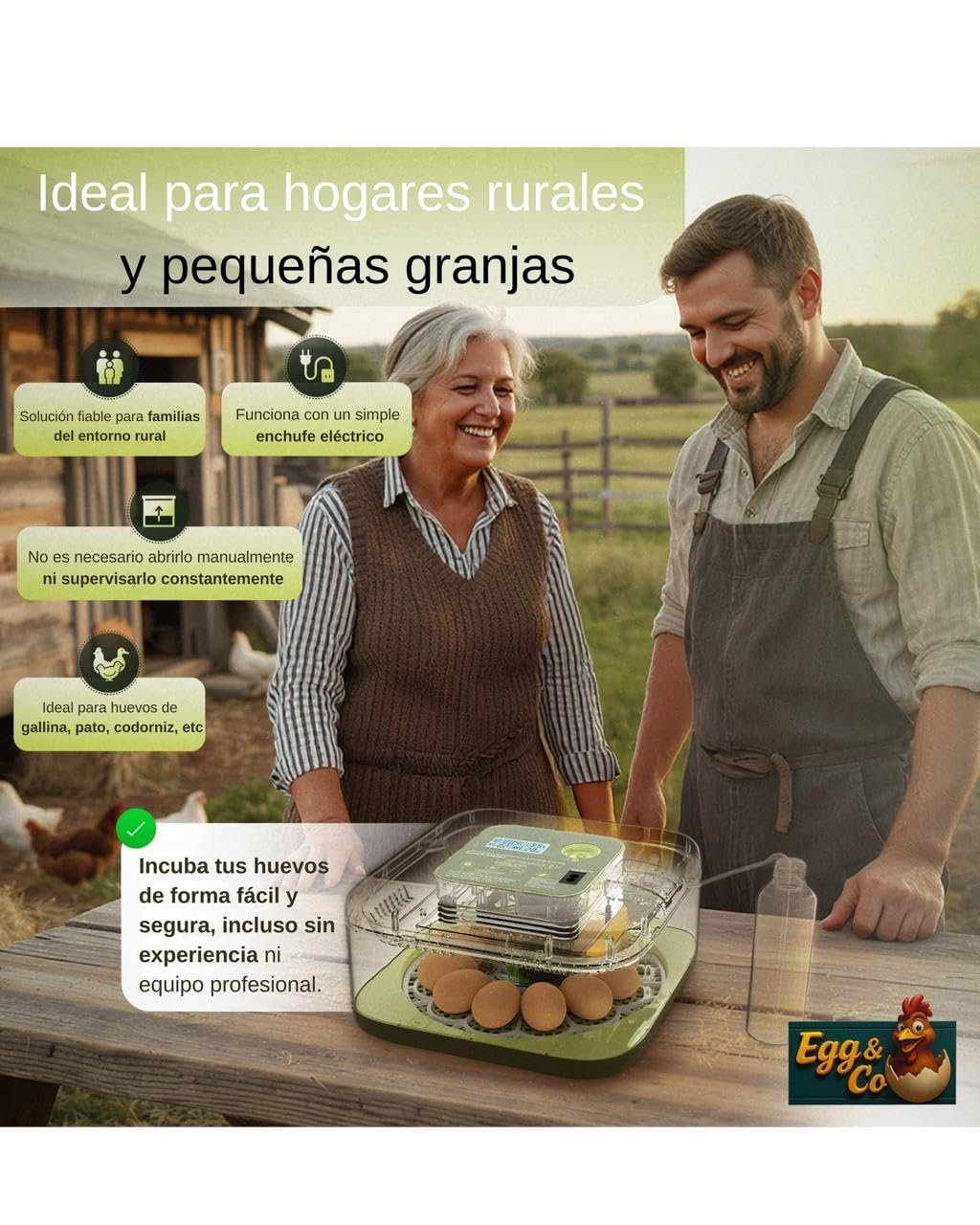 Egg&Co Start 12 – Incubadora automática 12 huevos gallina (36 codorniz). Control preciso de humedad, volteo automático, botella y ovoscopio incluidos. Ideal para principiantes y expertos.