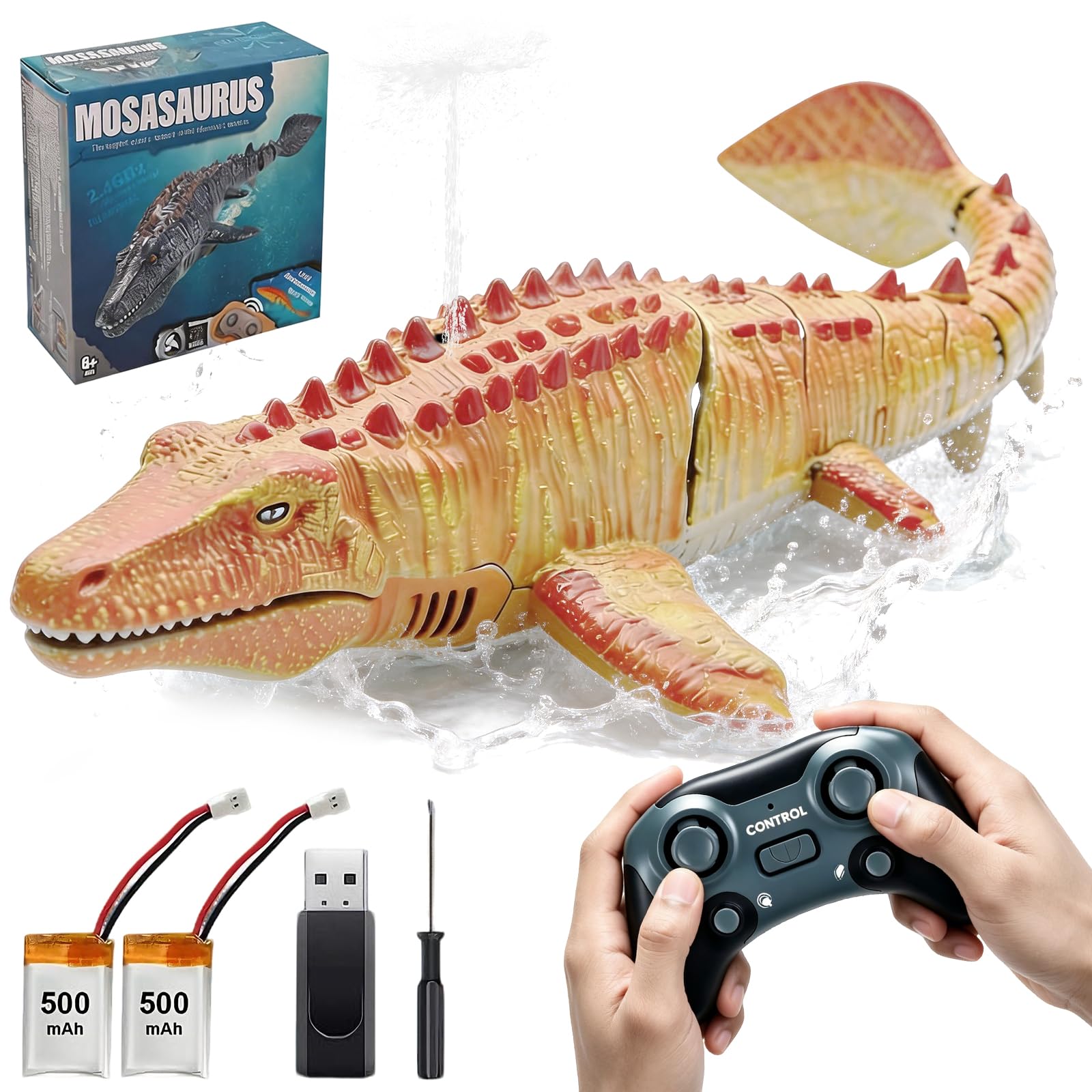 7JI 2.4GHz Remote Control Mosasaurus Boat,Electric RC Boat Water Swimming Toy with Light and Spray Water for Swimming Lake Pool Bathroom Christmas Birthday Gift