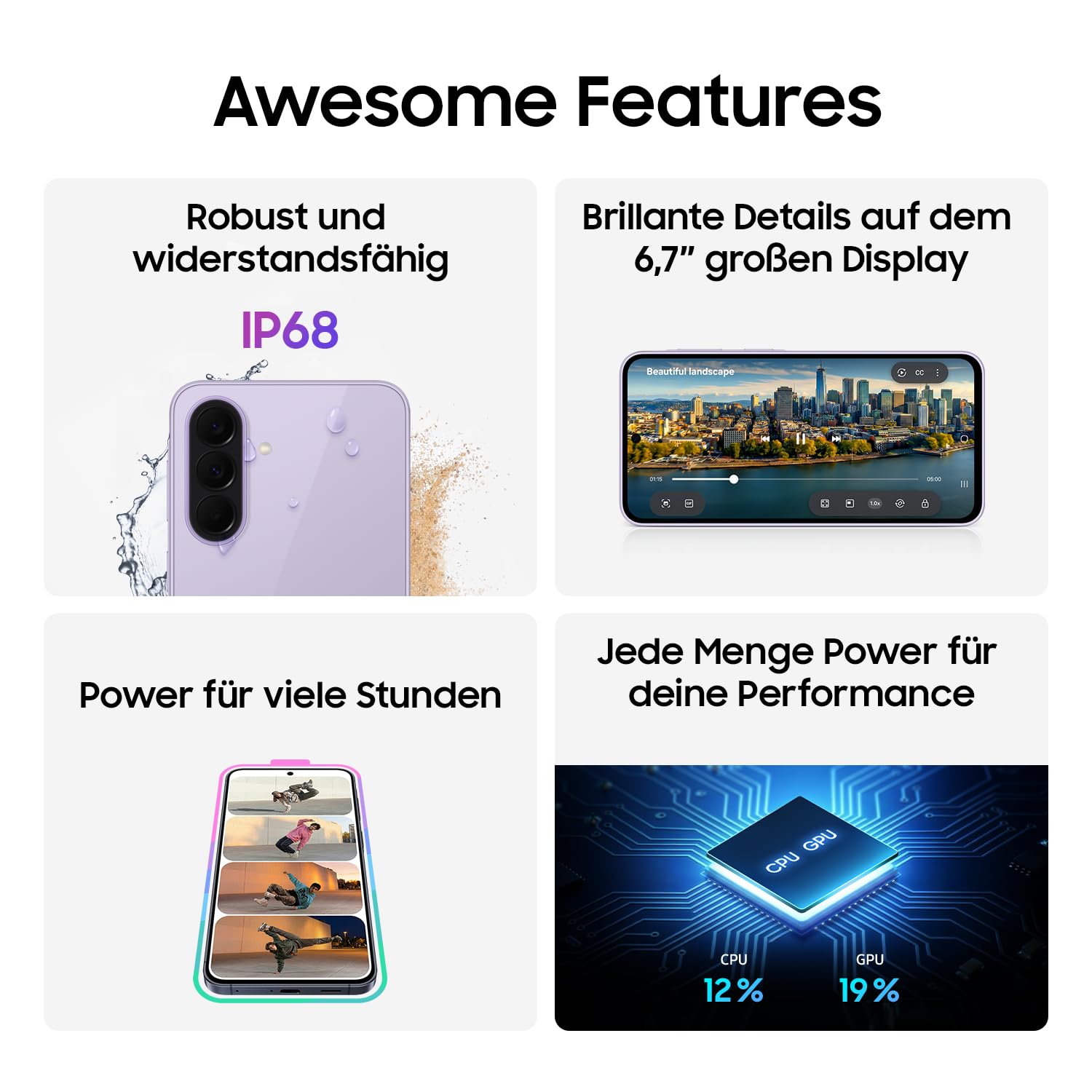 Samsung Galaxy A37 5G, Schlankes AI-Smartphone, Awesome Intelligence, 128 GB Speicherplatz, 50 MP Weitwinkel-Kamera, Bis zu 2 Tage Akkulaufzeit, IP68, Awesome Charcoal, 2,5 Jahre Herstellergarantie