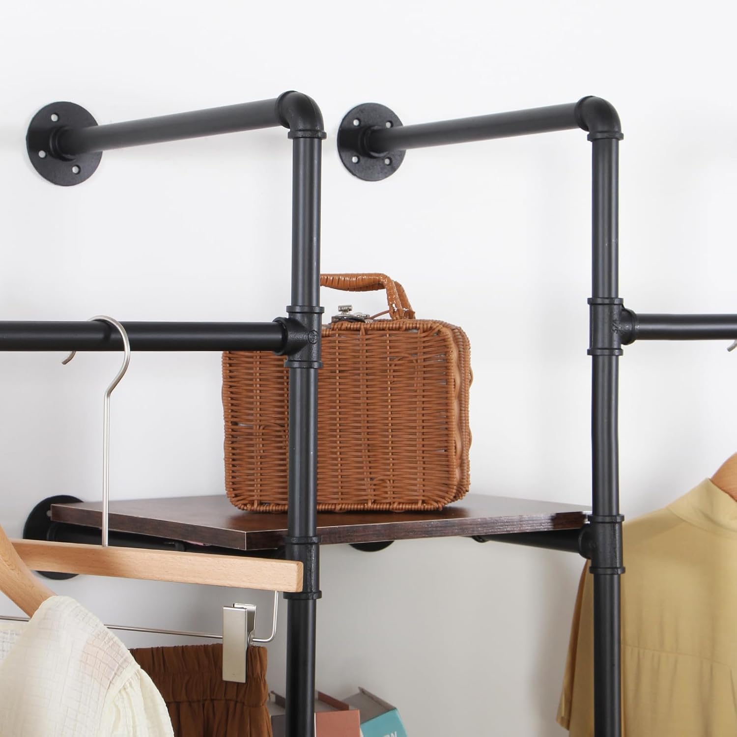 Wall Mounted Industrial Pipe Heavy Duty Clothes Rack, Clothing Rods for Hanging Clothes, Freestanding Clothing Rack with 2 Hang Rods & 4 Shelves, 72.8" W x 17.7" D x 71" H