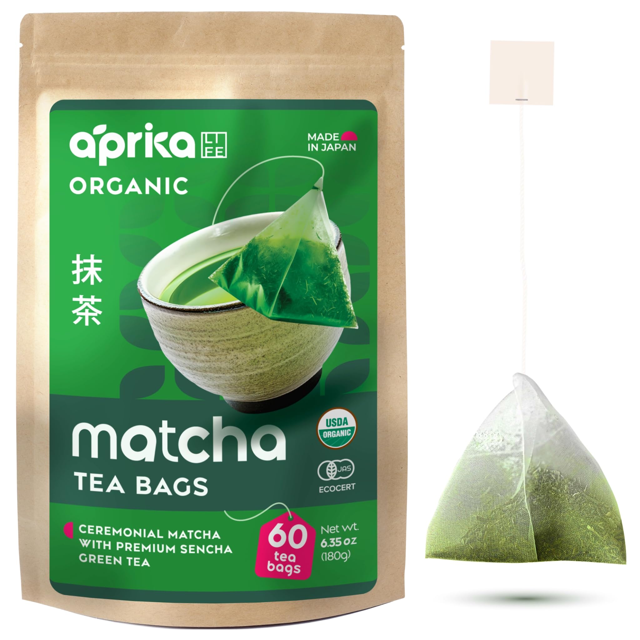 Organic Japanese Matcha Green Tea Bags - Ceremonial Grade Matcha Powder and 1st Harvest Spring Sencha Blend for Unforgettable Taste - 60 Tea Pyramids by Aprika LifeUSDA Organic
