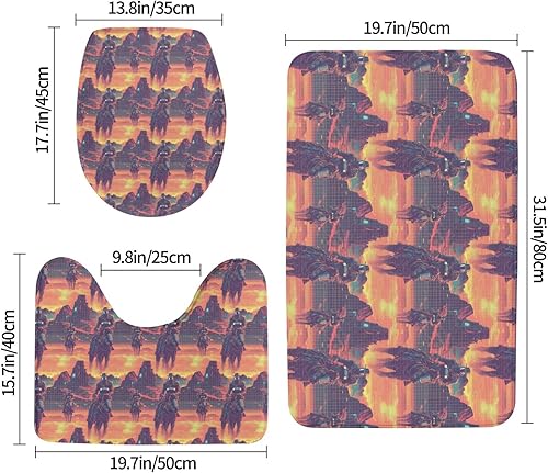 Miniatura 2 de Bathroom Rugs Sets 3 Piece - Cyber Retro Western Cowboy Print Absorbent Non Slip Washable Bath Mats, U-Shape Toilet Lid Cover, Contour Mat, Soft