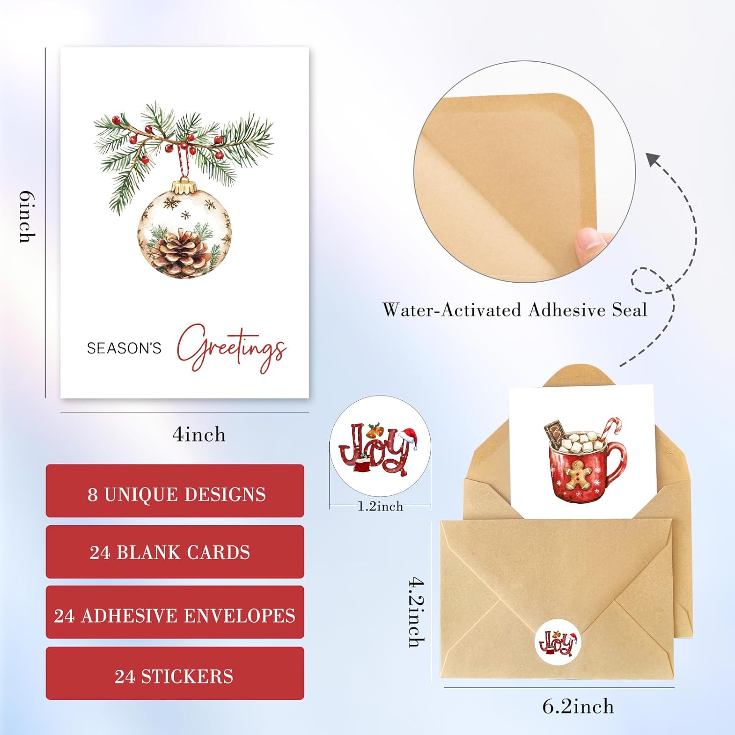 C2U Christmas Cards with Envelopes & Stickers - 24 Pack 4"x6" Rustic Holiday Greeting Card Assortment – 8 Festive Designs with Printed Wishes & Blank Space – Boxed Xmas Cards for Family, Friends & Teachers - Image 2