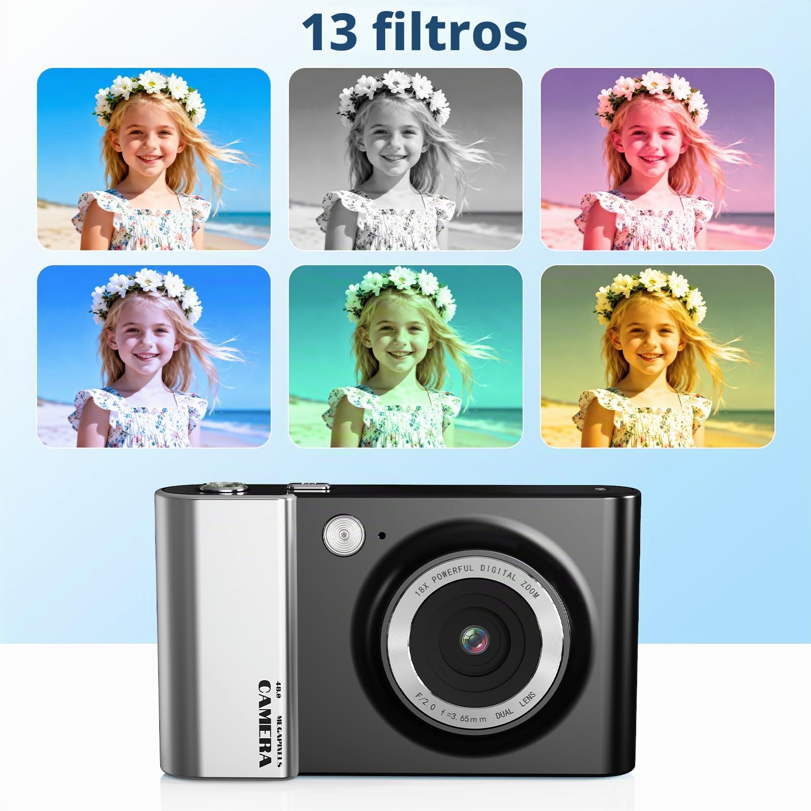 Cámara digital 4K 64MP FHD cámara fotográfica para niños, zoom digital de 18 x cámara compacta con pantalla de 2,4 pulgadas, antivibración, flash LED, tarjeta SD de 32 GB, cámara de fotos para niños
