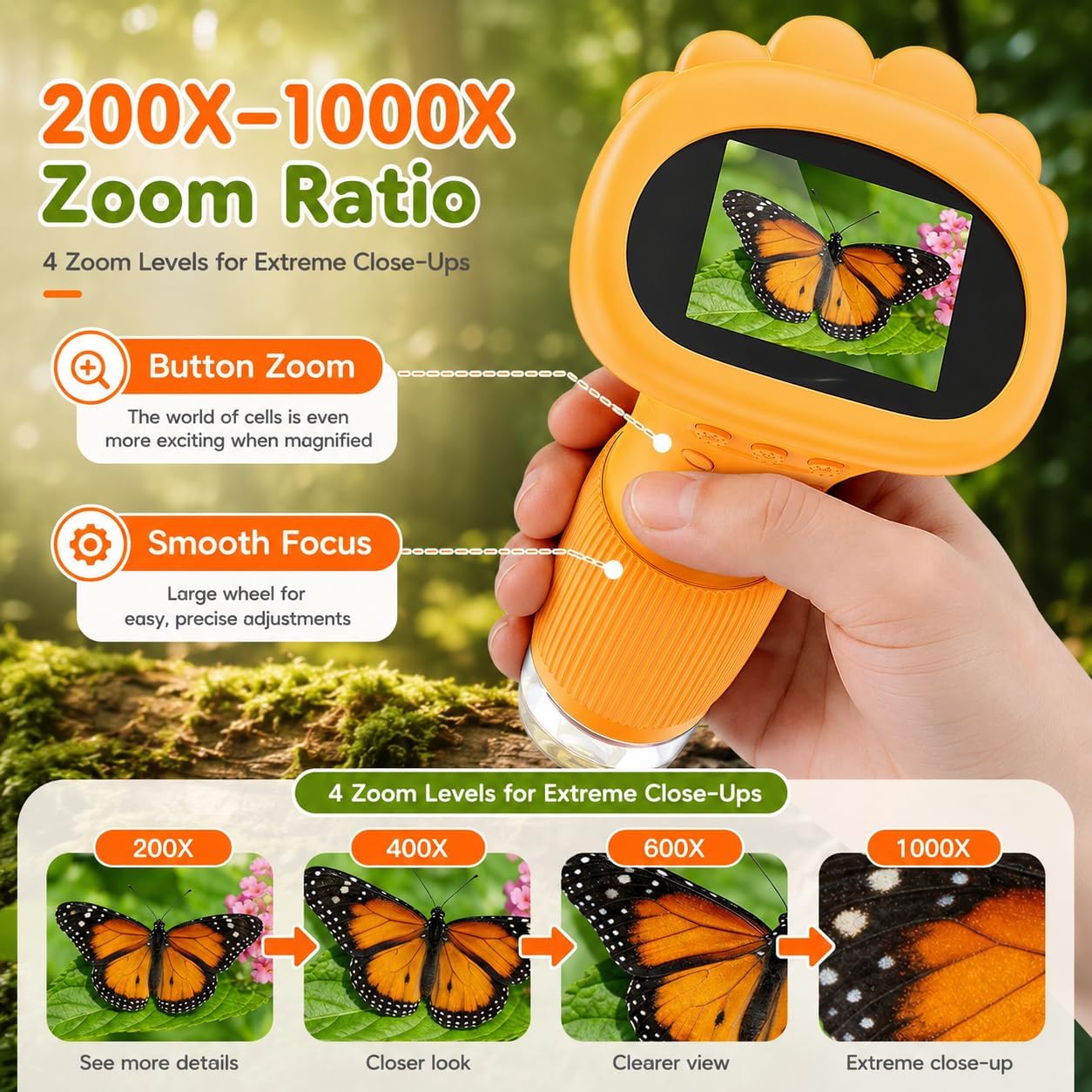 4K 1000X Digital Microscope for Kids with 2.0" IPS Screen | Handheld Portable Microscope with 200-1000X Magnification, Rechargeable Educational STEM Toy
