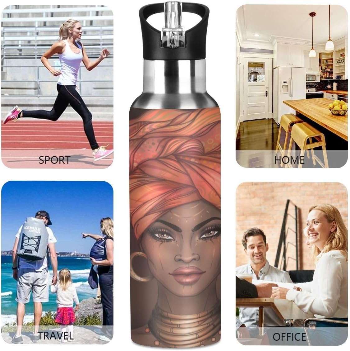 Water Bottle Handle Straw Lid Red Rose Vacuum Insulated Stainless Steel Thermos Water Bottle Leak Proof Sports Coffee Maker Cup