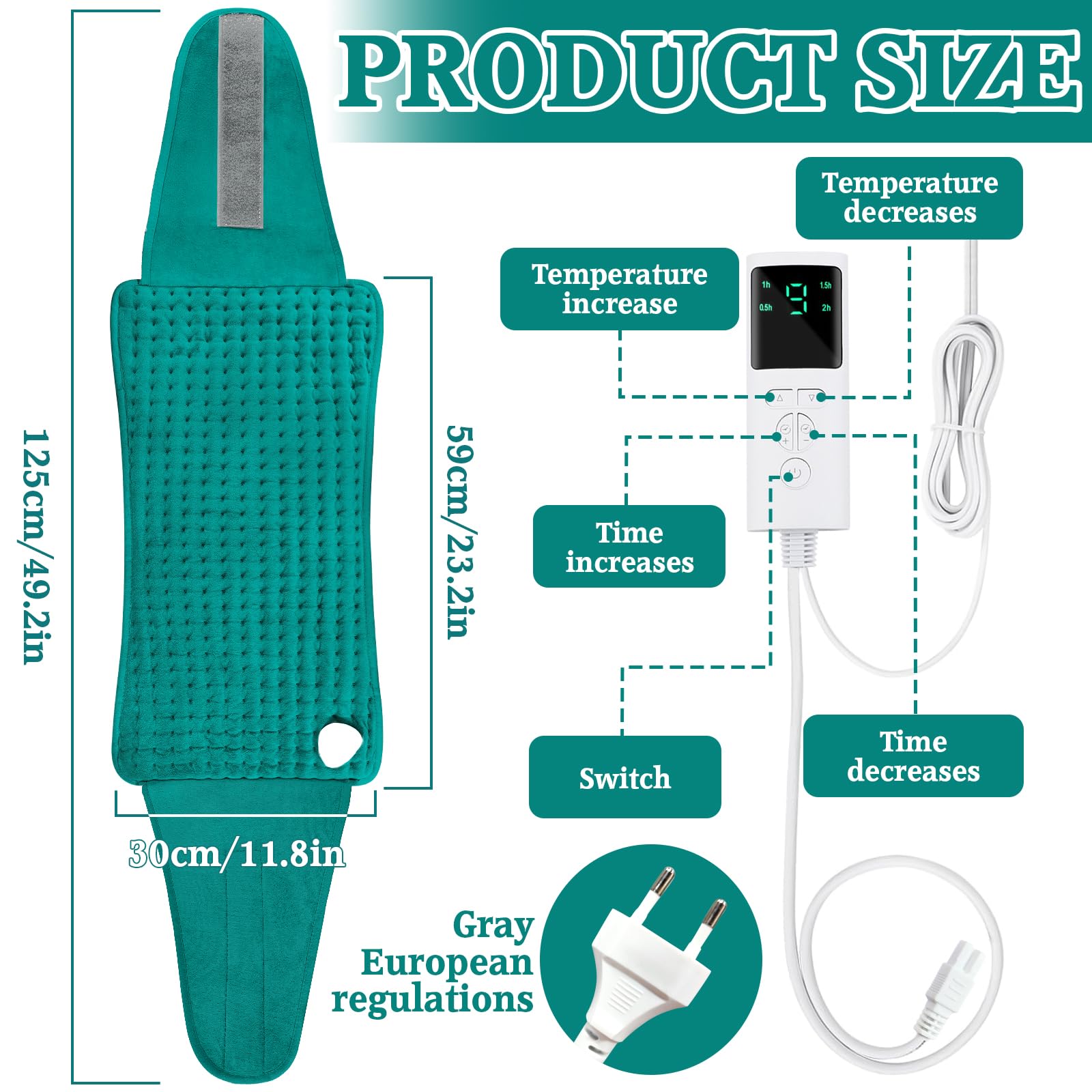 Manta Eléctrica Lumbar,125x30cm (Zona Calefactable 59x30cm),con 9 Niveles de Temperatura,4 Temporizadores,Apagado Automático,Lavable,Almohadilla Térmica Eléctrica para Espalda/Cuello/Abdomen