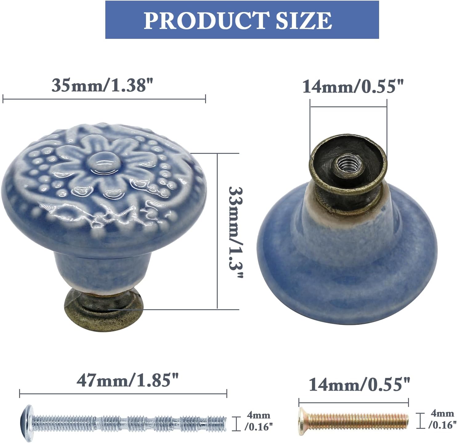 12 Pcs Ceramic Cabinet Handle Pull Knobs, Vintage Round Single Hole Knobs for Drawer Cupboard Decorative, with Screws, Blue