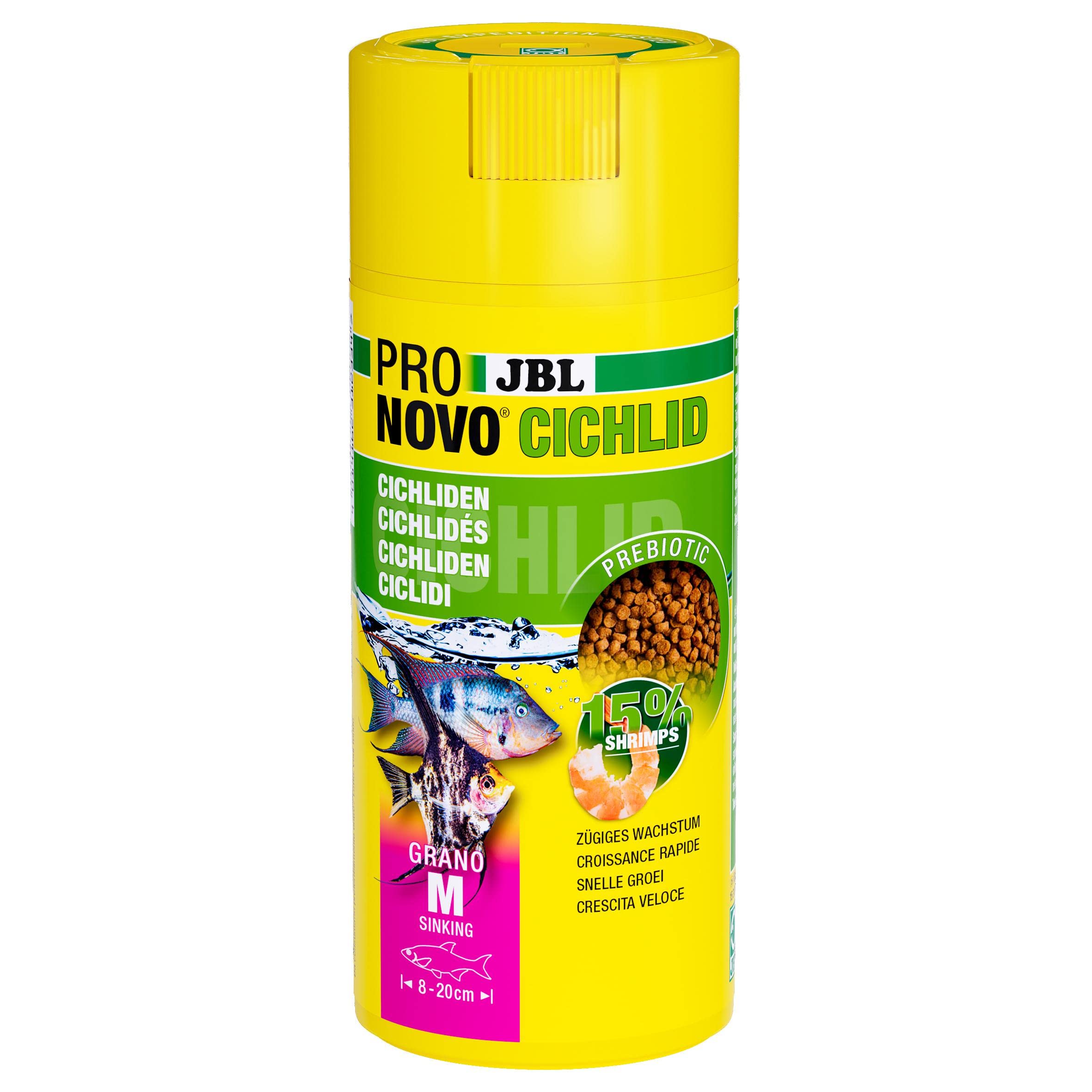 JBL PRONOVO Cichlid Grano, alimento Principal para cíclidos de 8 – 20 cm, dosificador Clic, gránulos para piensos para Peces, Talla M, 250 ml