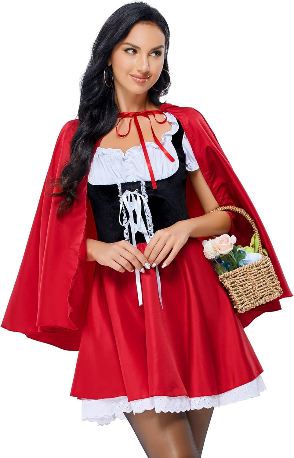 KOJOOIN Little Red Riding Hood Costume Women Halloween Party Dress with Cape Role-Play Adult Costumes