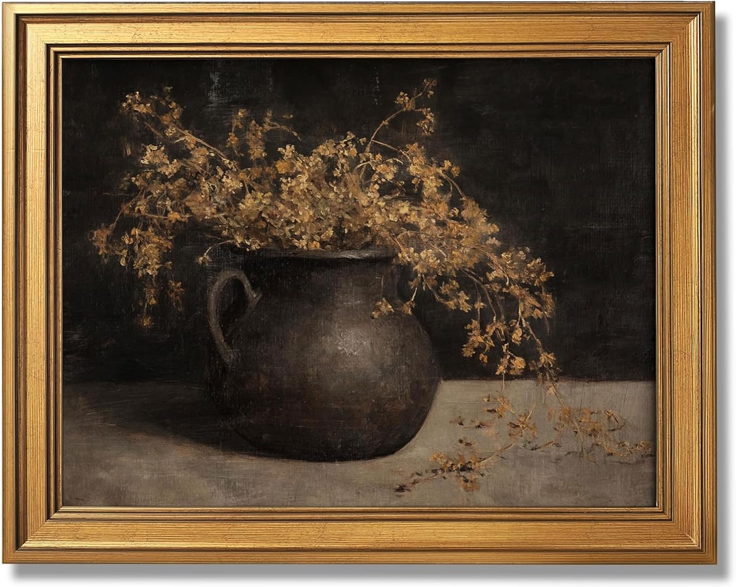 Gold Framed Rustic Dark Floral Still Life Painting Moody Flower Vase Wall Art Canvas Print Vintage Farmhouse Picture Poster Nature Cottage Artwork Decor for Room Home Office 12x16inch
