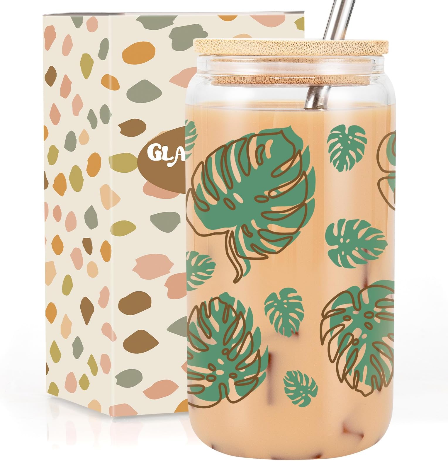 GSPY Glass Cup - Monstera Leaf - Iced Coffee Cup
