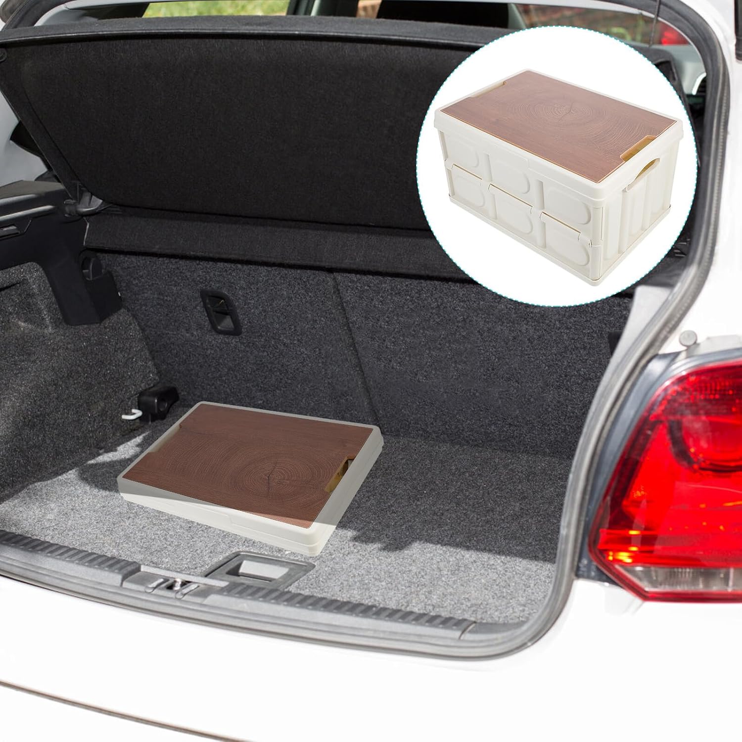 Multifunctional Foldable Trunk Organizer with Wooden Lid, Small White Car Storage Box, Plastic Car Storage Container for Vehicle Accessories and Trunk Organization