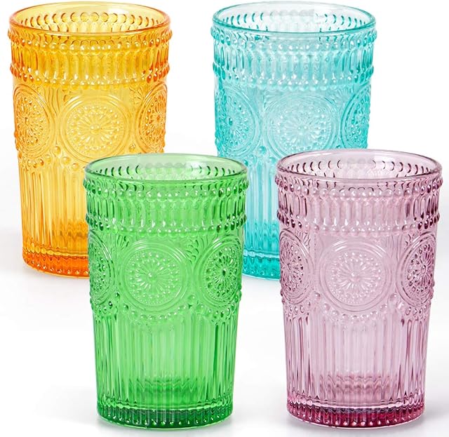 MDLUU Glassware Tumblers, Embossed Water Glasses, Vintage Drinking Glasses, Multicolor Tumblers Glass for Juice, Beverages, Cocktail, Capacity 12oz/345ml, Set of 4