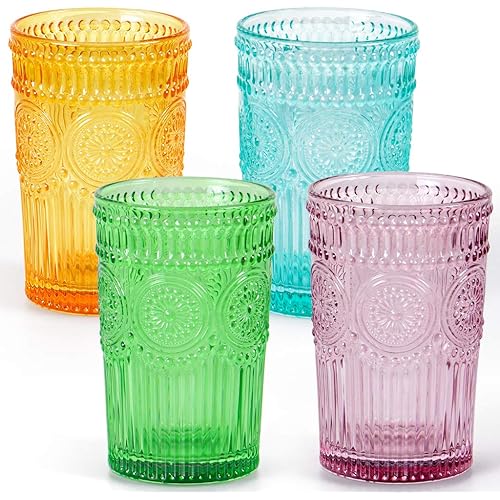MDLUU Colored Glassware, Multicolor Drinking Glasses, Embossed Water Glasses, Colored Tumblers Glass, Capacity 12oz/345ml, Set of 4