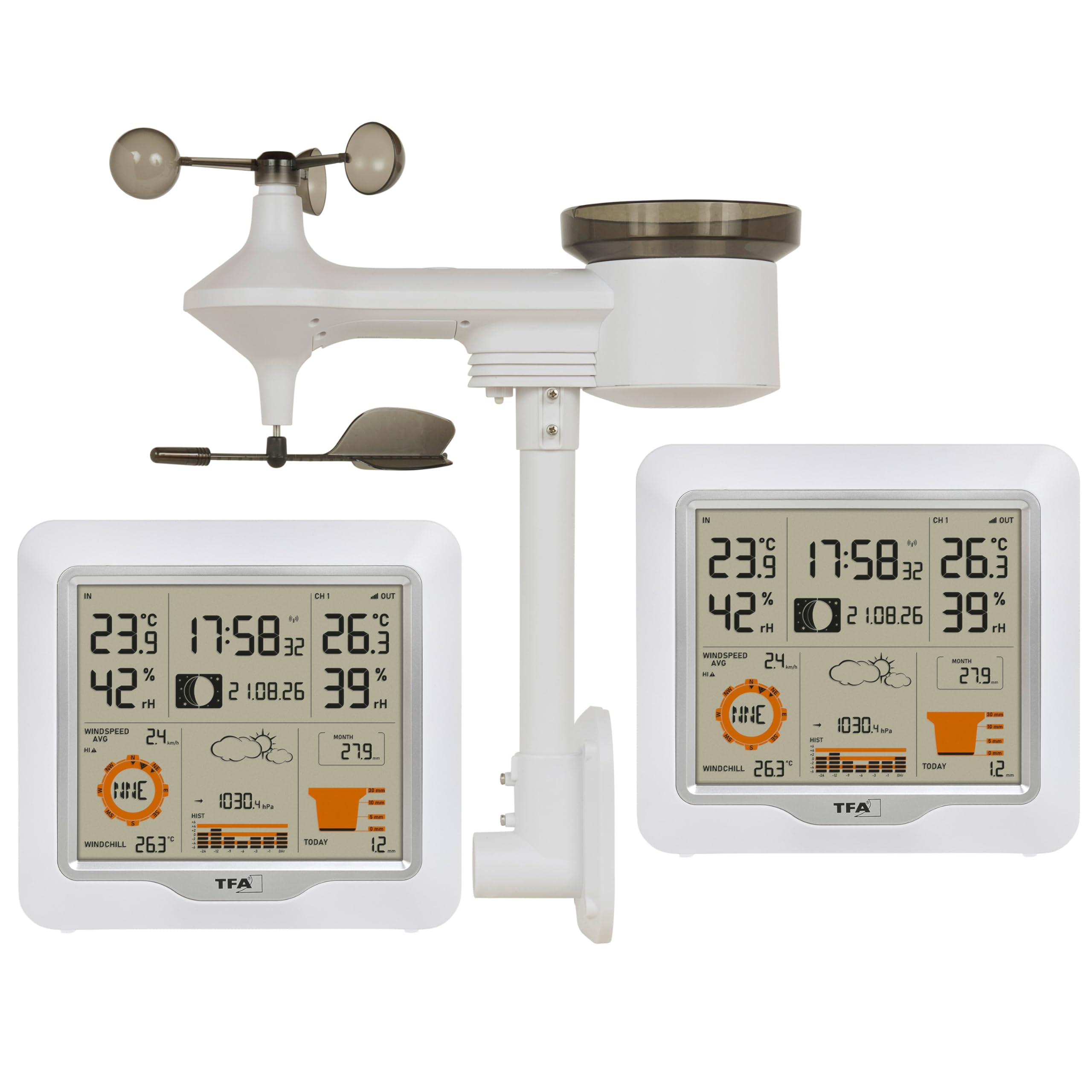 TFA Dostmann Digitale Funk-Wetterstation 5-in-1 mit Kombisender Weather One, 35.1177.02.99, 2 Display, Luftfeuchtigkeit, Temperatur, Regenmesser, Windmesser, mit Luftdruck, Wettervorhersage, Alarme
