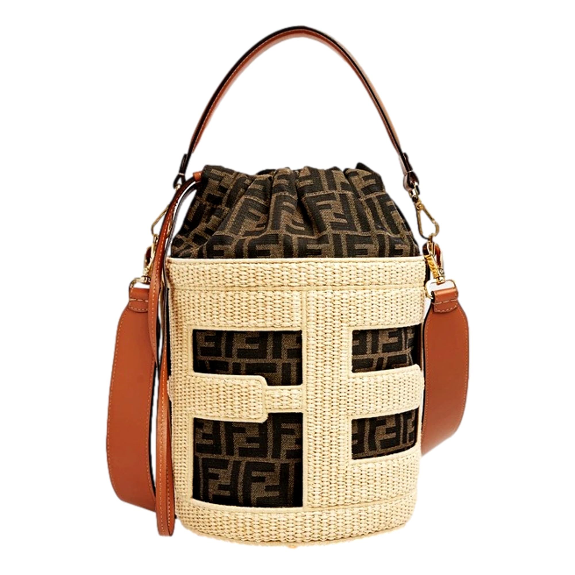 FENDI Bolsa de cubo Step Out, lona mediana y cuero, patrón tejido con