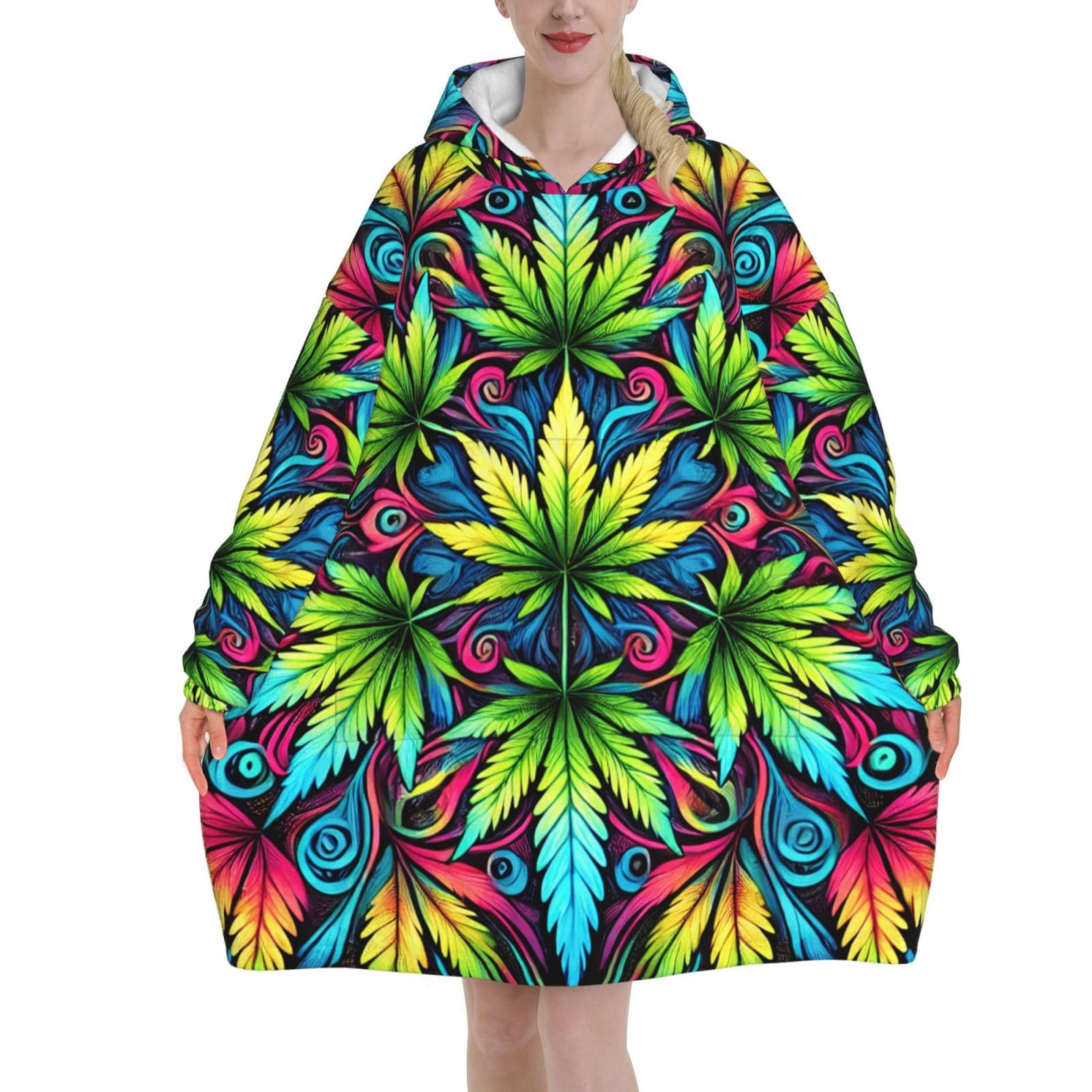 Wearable Blanket Hoodie Oversized Psychedelic Tropical Weeds Large Hooded Blanket Jumper For Men,Women