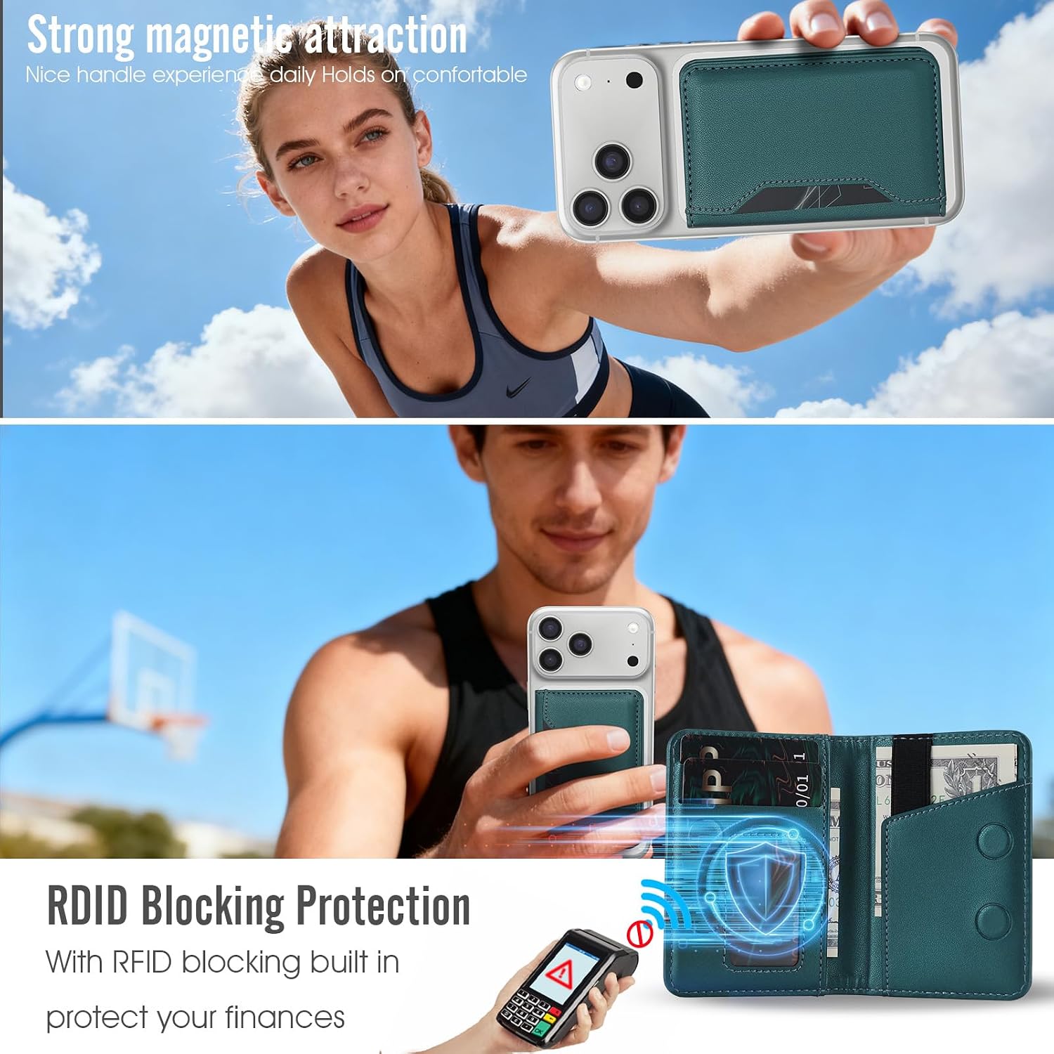 For MagSafe Wallet,Magnetic Card Holder RFID Blocking Wallet with 5 Card Slots & Cash Pocket For iPhone 17/16/ 15/14/ 13/12/ Pro/Max/Plus/Air Blue Green