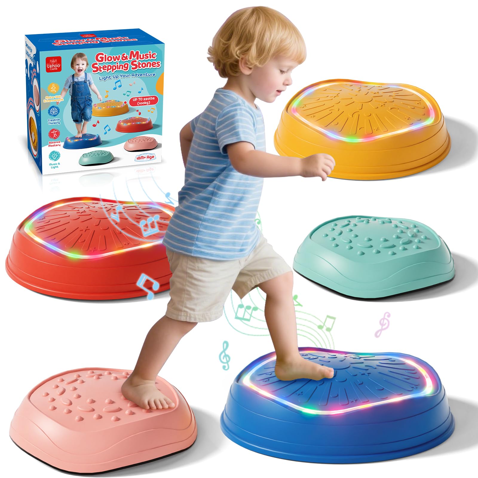 Lehoo Castle Light up & Music Balance Stepping Stones Kids, Garden Outdoor Obstacle Course Toddler, Sensory Toys for Autism Age 3-5
