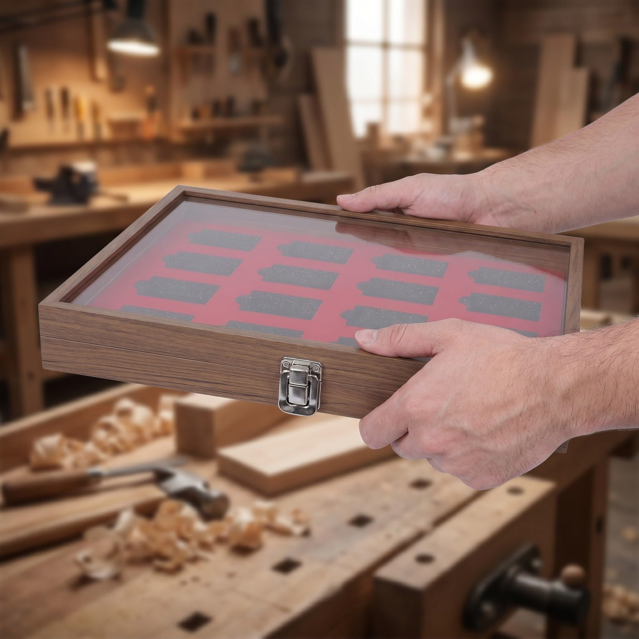 Kisangel Feuerzeug-Organizer mit transparentem Deckel – Staubdichte Aufbewahrungsbox aus Holz mit 16 Fächern für Feuerzeuge, ideal als Geschenk für Väter und Ehemänner, hellbraun