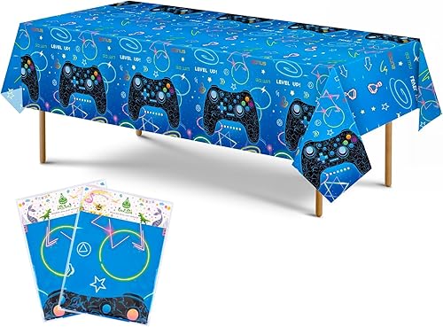 Miniatura 7 de WERNNSAI Mantel azul para fiesta de videojuegos  Paquete de 2 decoraciones de fiesta de cumpleaños de 54 x 108 pulgadas para niños y niños, fundas