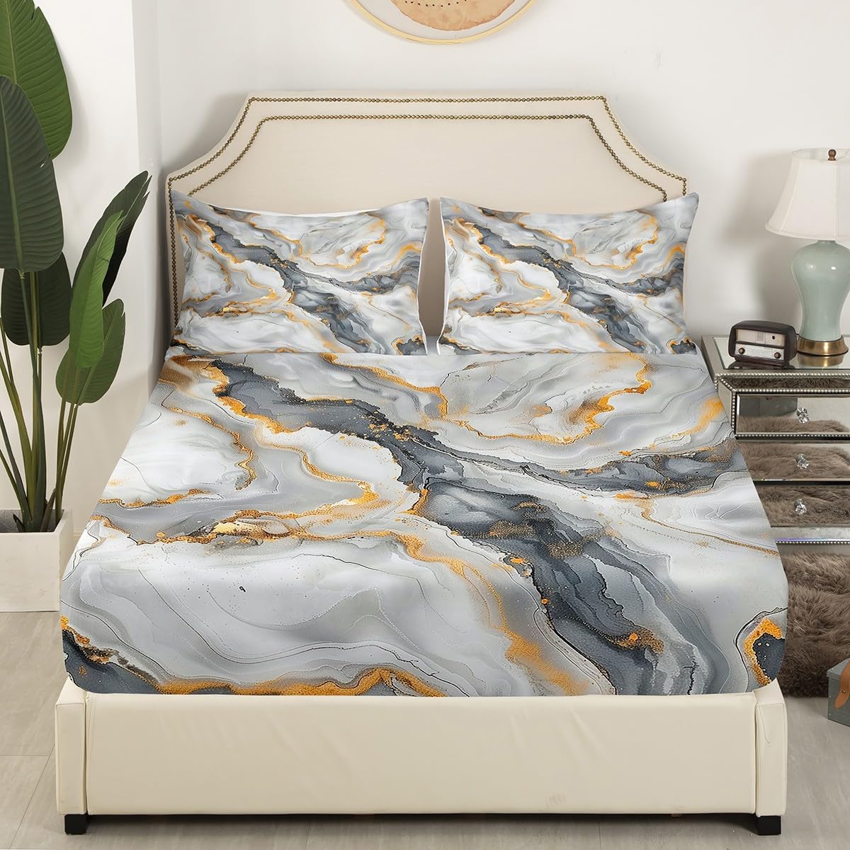Abstract Stone Texture Artwork Full Size Fitted Sheet No Top Sheet,Golden Marble Modern Fashion 3 Pieces Kids Teenager Room Decor Marbling Pocket 2 Pillowcases