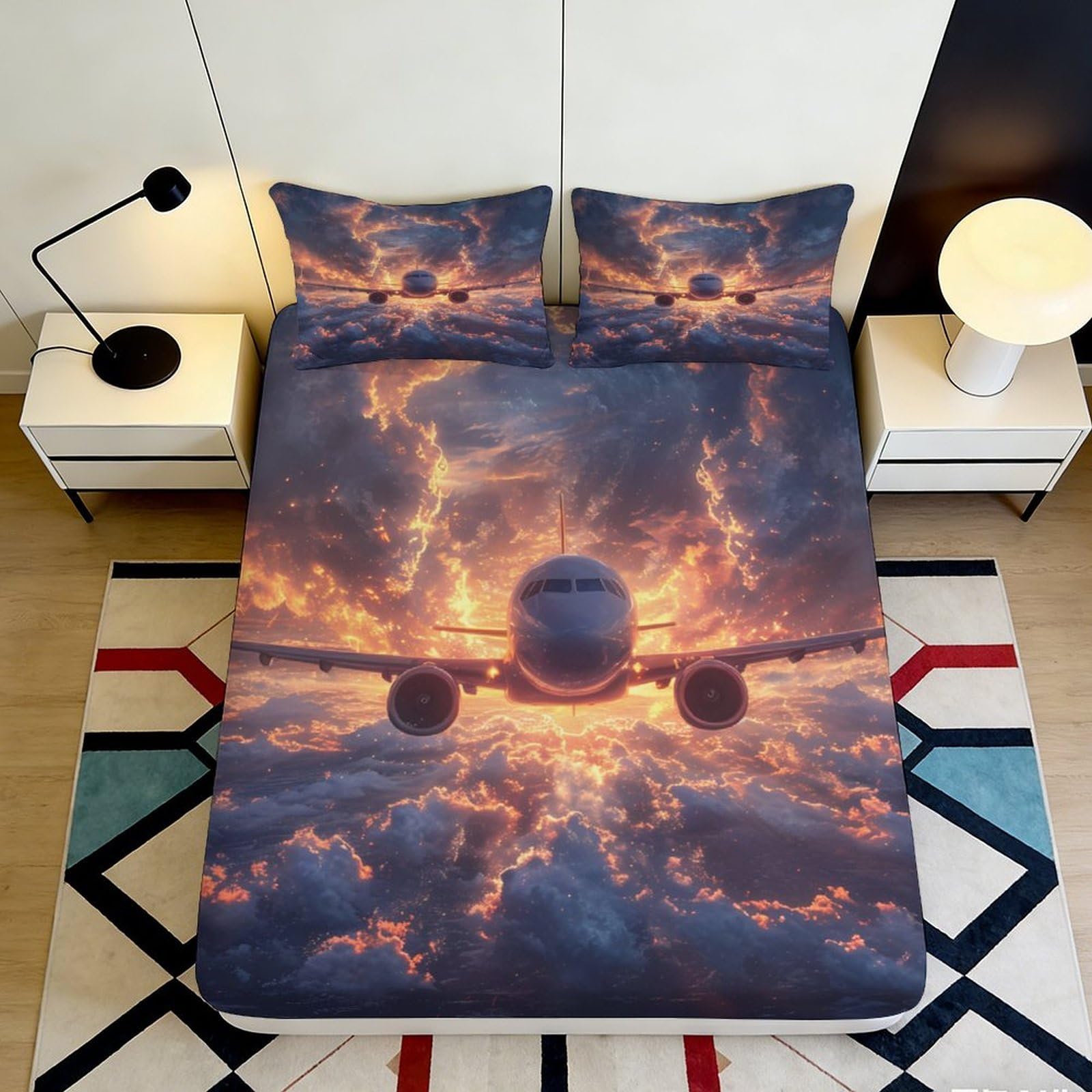 3D Printed Sunset Cloud Airplane Fitted Sheet Microfiber Mattress Cover Non Slip Easy Care for Bedroom Dorm Decor 180x200x25cm