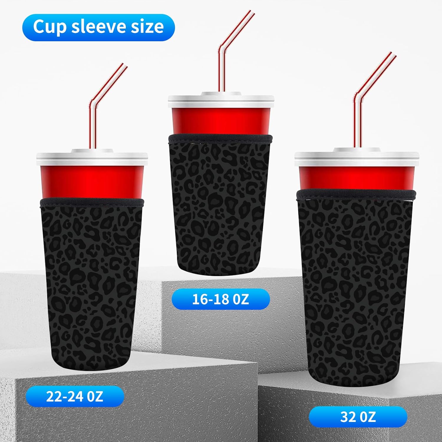 3 Pack Reusable Neoprene Insulator Sleeve for Iced Coffee Cups, Funny Coffee Cup Sleeves for 16-32oz Coffee cups, Cute Drink Sleeve for Cold Hot Beverages Cute Black Leopard