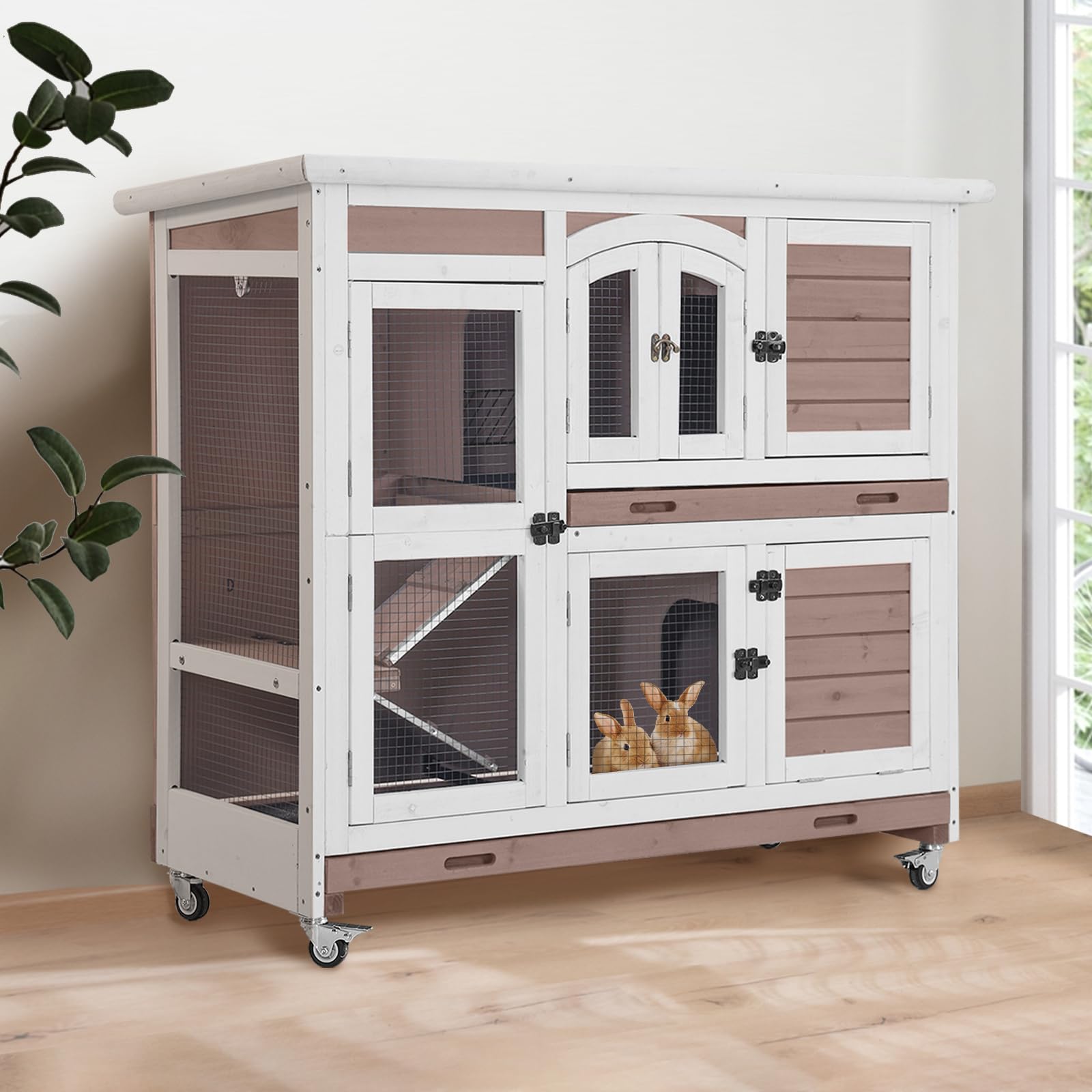 Gutinneen Two-Story Rabbit Hutch with Chew-Proof Ramp - 47" Indoor/Outdoor Rabbit Cage with Wheels & Leak-Resistant Trays for Rabbits, Guinea Pigs(