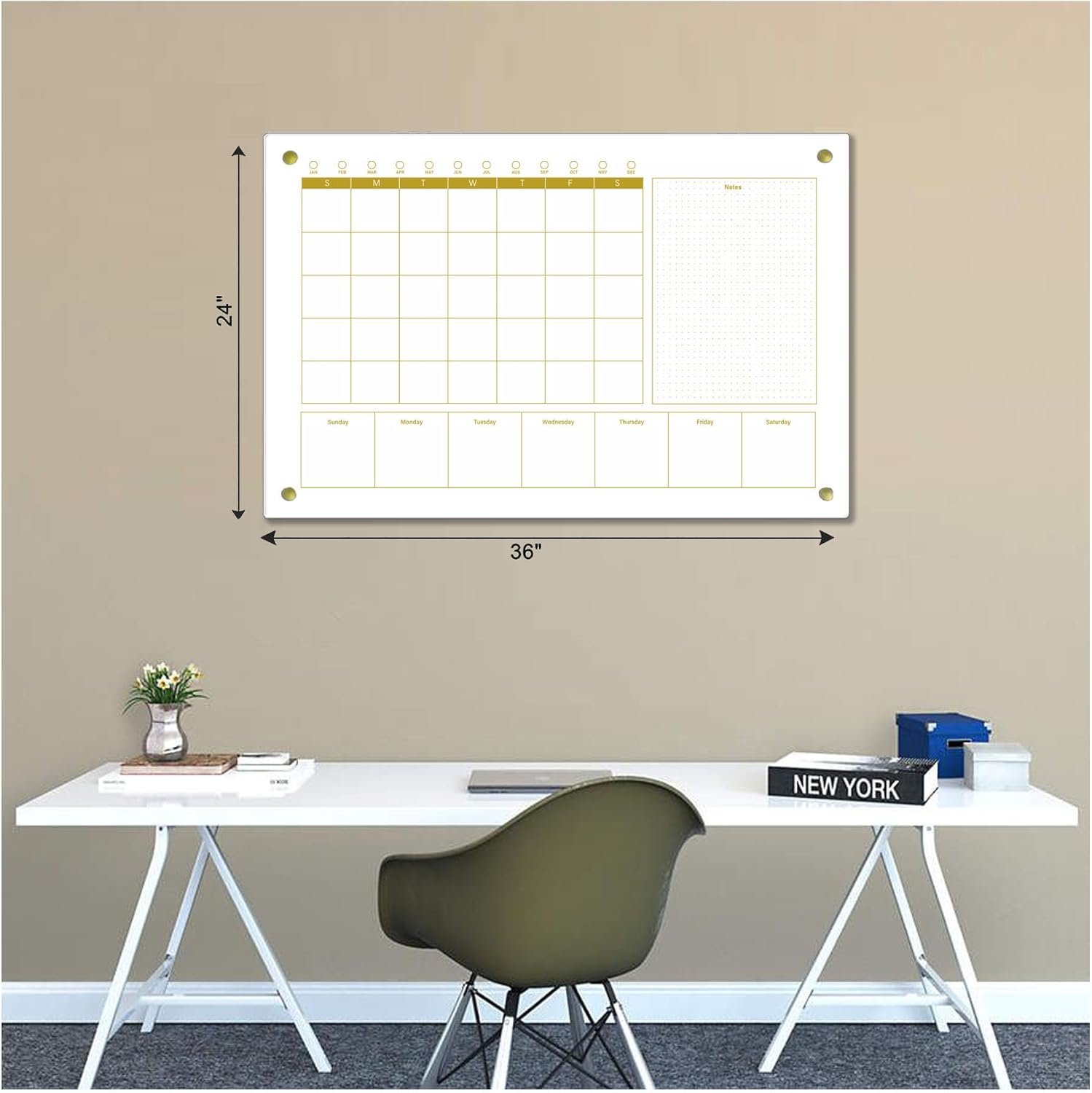 Glass 3-1 Golden Monthly Dry Erase Calendar Whiteboard for Wall,24"x 36",Frameless Mounting,Office/School/Home, Frameless Large Planner White Board