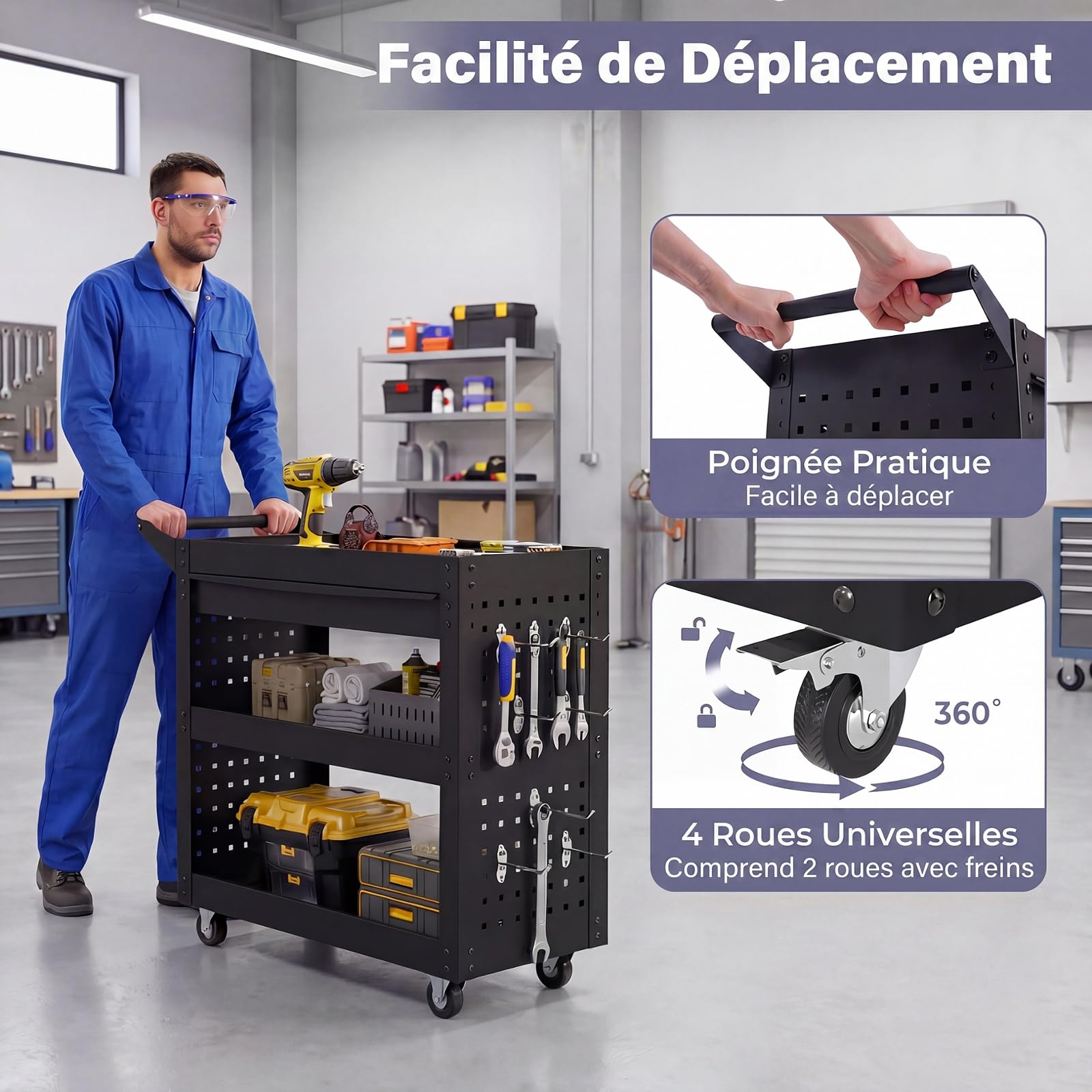 GYMAX Chariot à Outils, 3 Niveaux de Rangement & Tiroir & 2 Panneaux Perforés & 8 Crochets, roulettes Veroouillables, Servante Roulant en Métal pour Atelier, Garage et Entrepôt