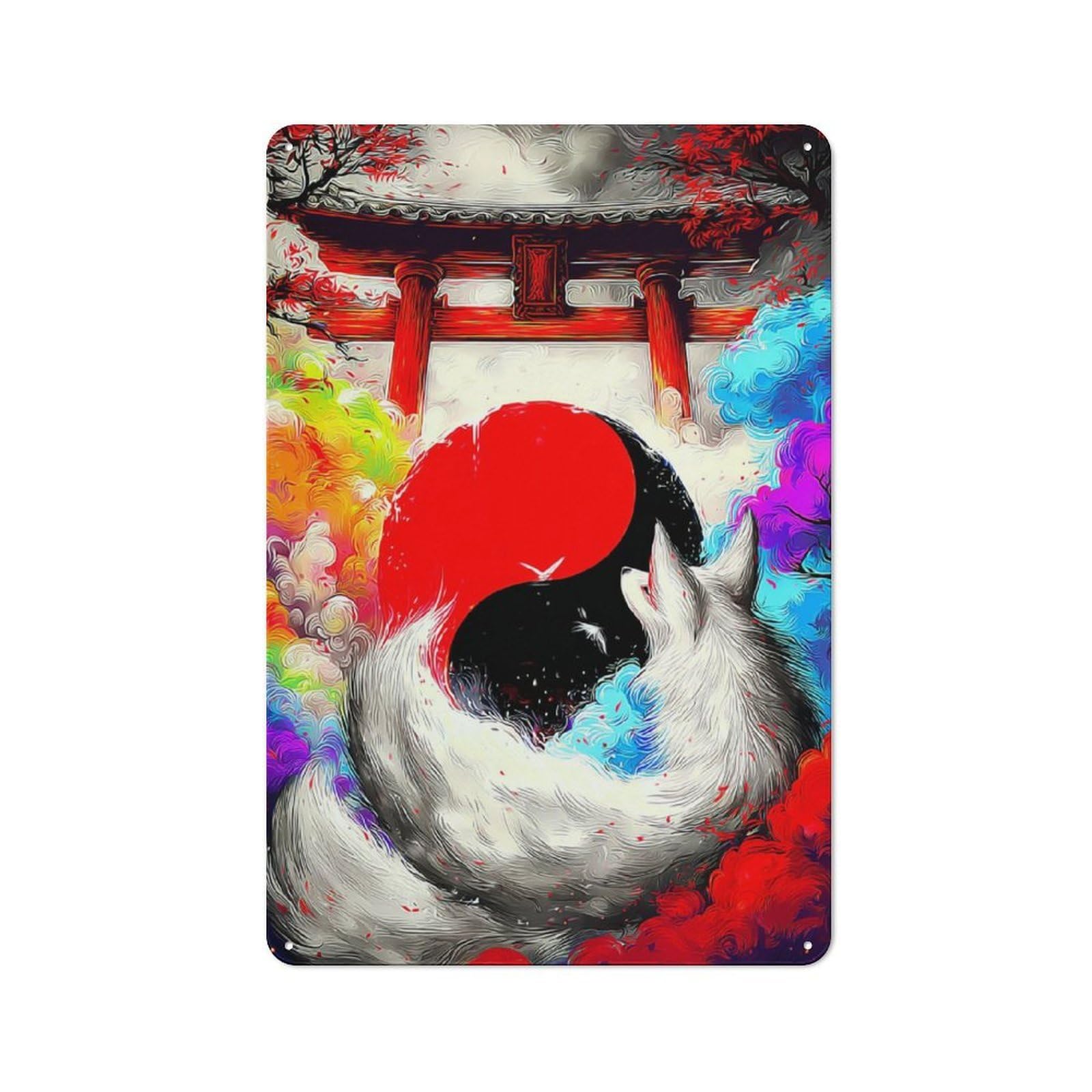 Junmoney Yin-Yang Fox Gate Painting -1 Tin Wall Plaque 30X20cm With For Hallway Wall, Suited To Wall Displays In Hallways And Entrance Areas