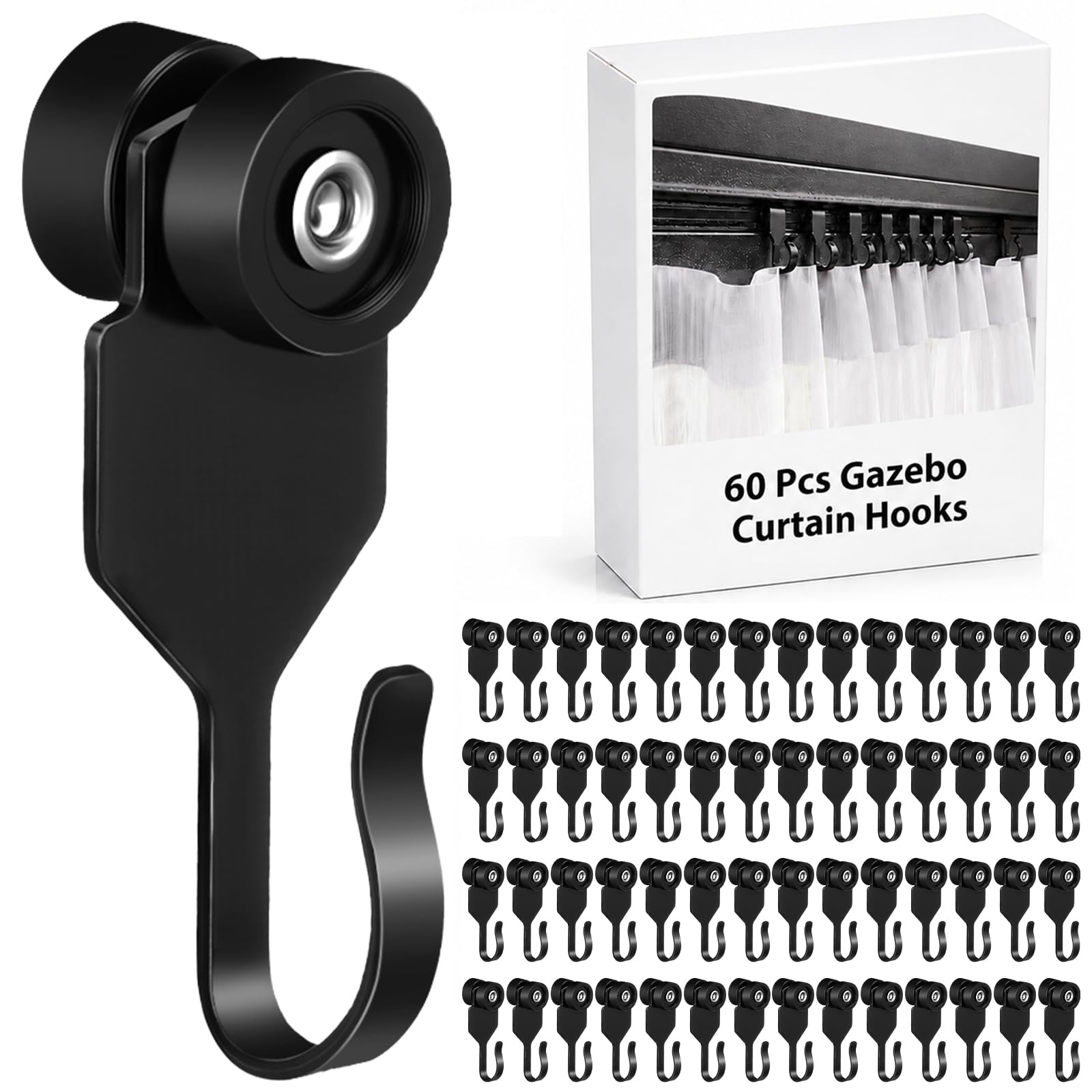 Photo 1 of Hicarer 60 Pcs Gazebo Curtain Hooks Summer Steel Metal Slide Curtain Track Hooks Plastic Wheel Mosquito Netting Ceiling Gazebo Accessories for Outdoor Garden Awning Hotel Wall Divider