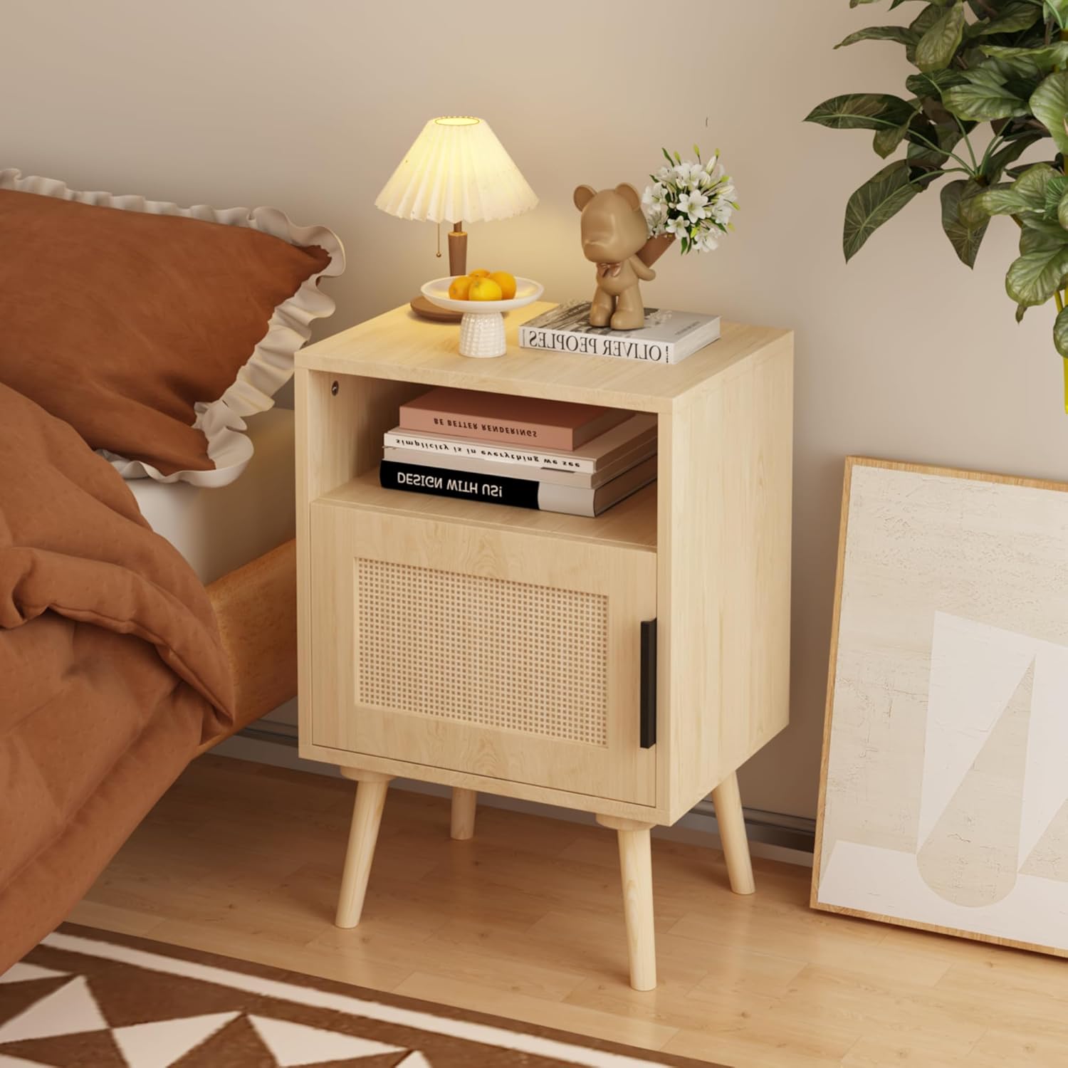 Night Stand, Rattan Wood Nightstand, Small Bedside Table with Open Shelf and Storage Cabinet, Mid Century Modern Nightstand for Kids and Adults, End Table for Living Room, Bedroom, Oak