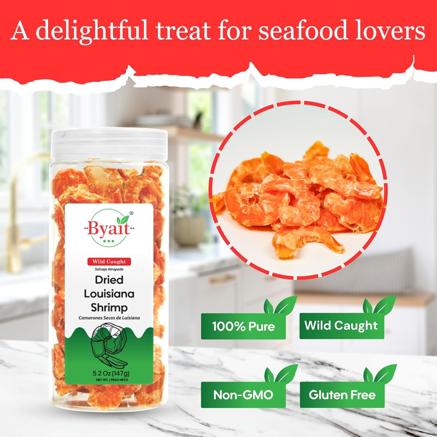 Byait Dried Louisiana Shrimp 5.2 Oz, Approx. 230 Pieces, Premium Wild-Caught Shrimp, Fresh-Caught & Dehydrated for Snacks, Seafood Salad, Pad Thai, Ramen Toppings, or Soup, MSG-Free, Non-GMO