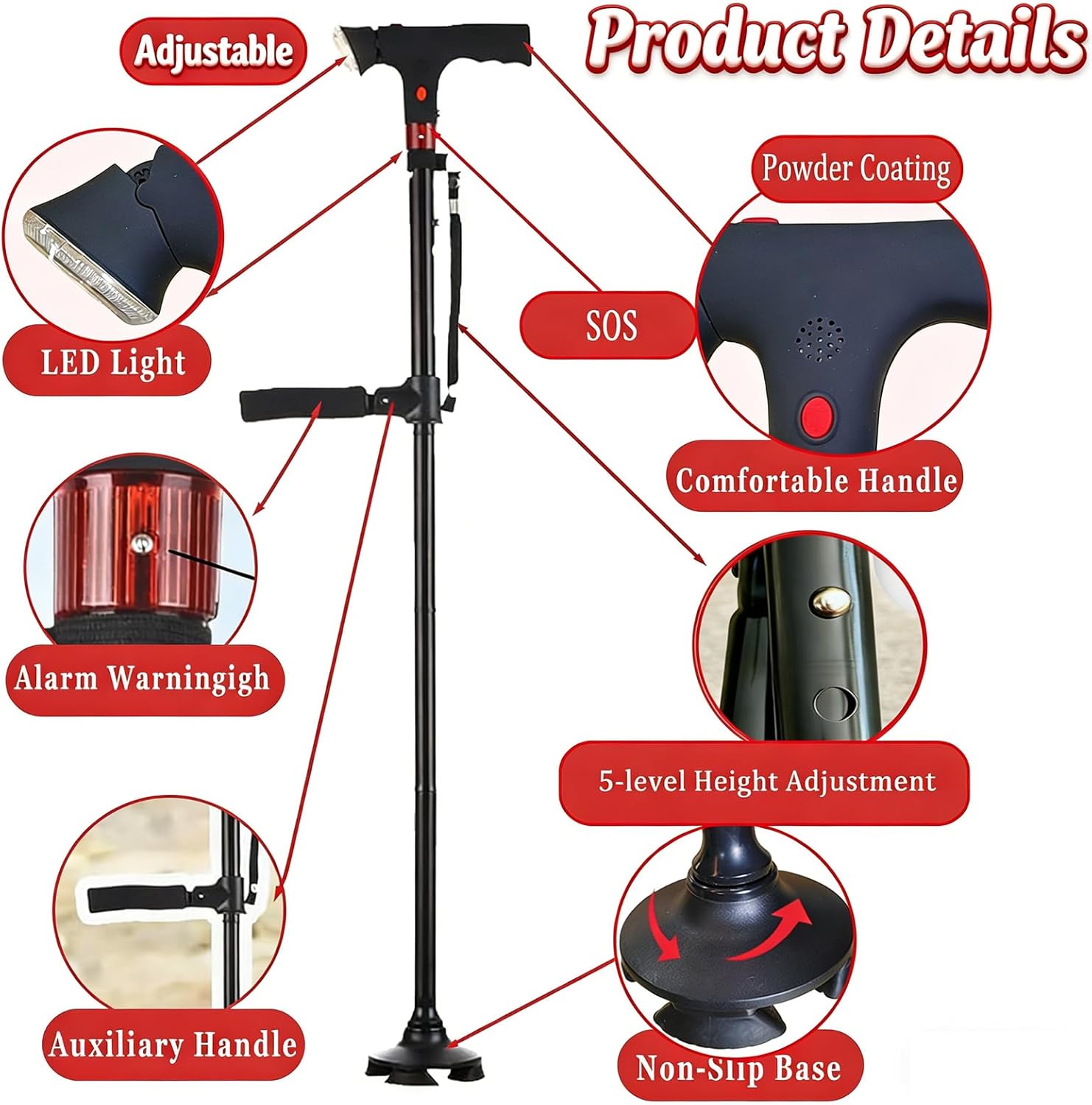 2026 New Smart Walking Cane for Men Women, 3-in-1 Upgrade Smart Walking Canes with Light and Alarm, Foldable Dual Handles, Adjustable Canes for Elderly,Seniors Veterans & Parents