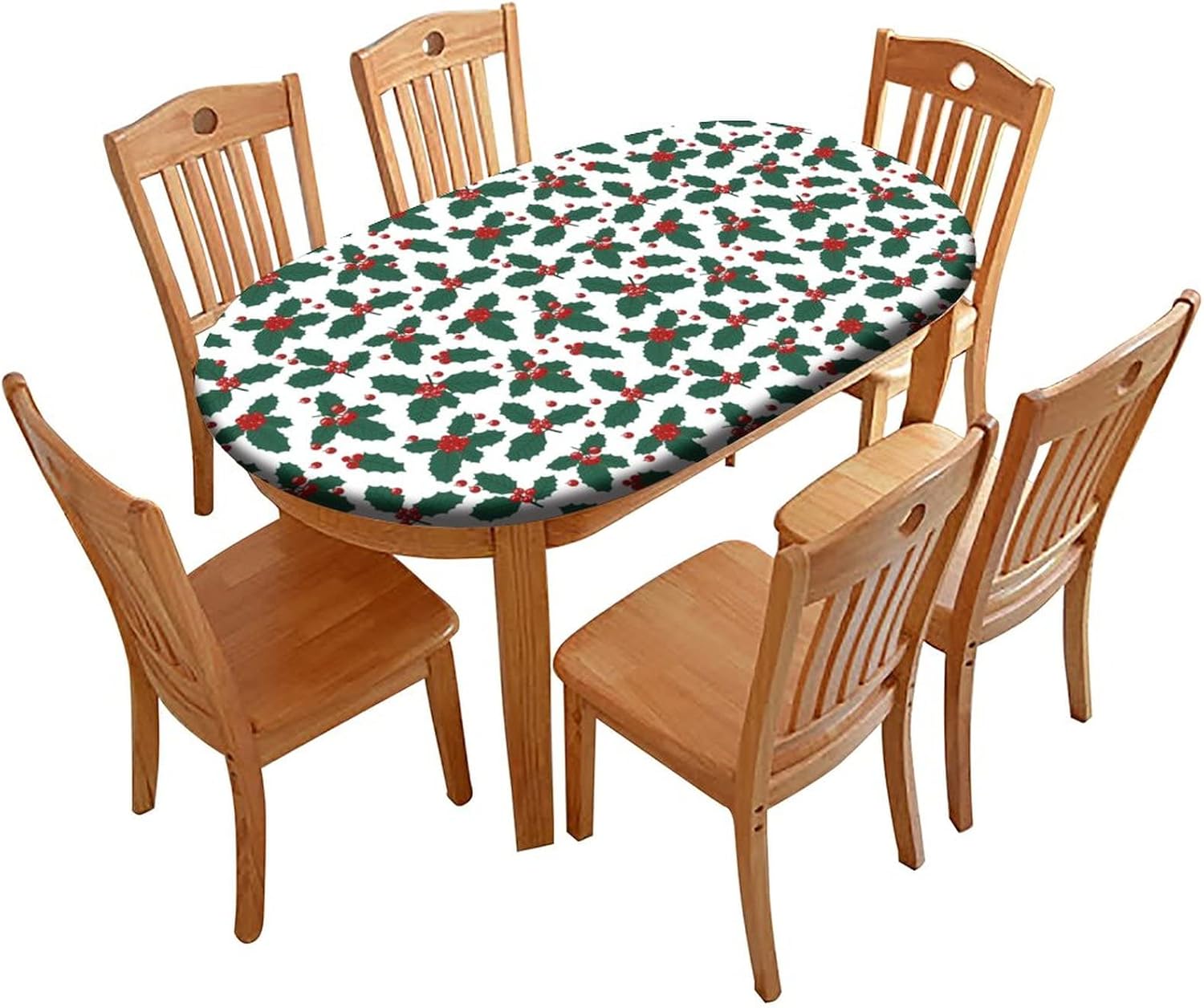 Christmas Fitted Tablecloth Oval, Christmas Plant Elastic Edge Table Cover, Polyester Table Cloths Indoor Restaurant Outdoor Terrace Dining Table Decor Fits Tables Up to 24" X 48"