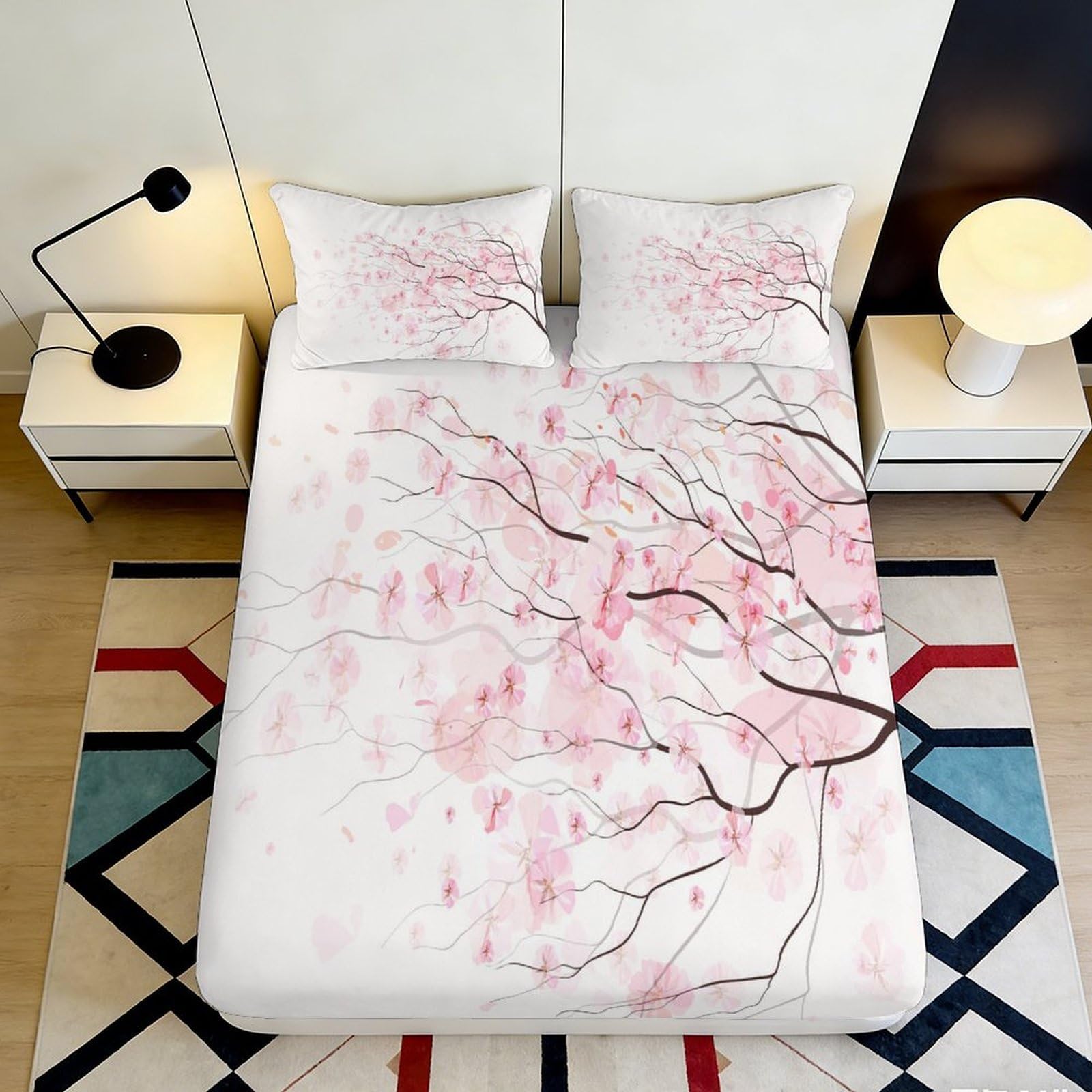Uxinyoume Style-1 3D Printed Sakura Blossom Fitted Sheet Microfiber Anti-Slip Pink Tree Bed Cover For Bedroom Dorm Mattress Protection Decor 90X200x25cm