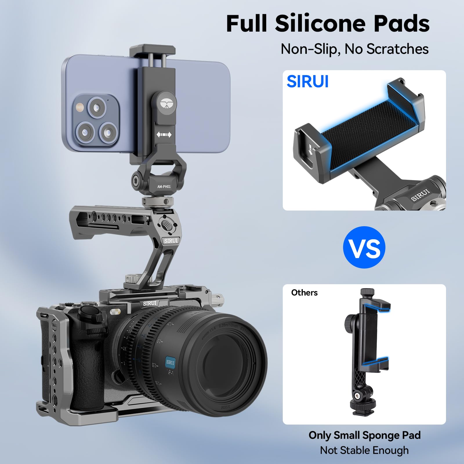 SIRUI AM-PH01 - Supporto per telefono in metallo con base a slitta fredda per supporto fotocamera, morsetto universale per smartphone con 3 espansioni Cold Shoe, supporto regolabile per treppiede