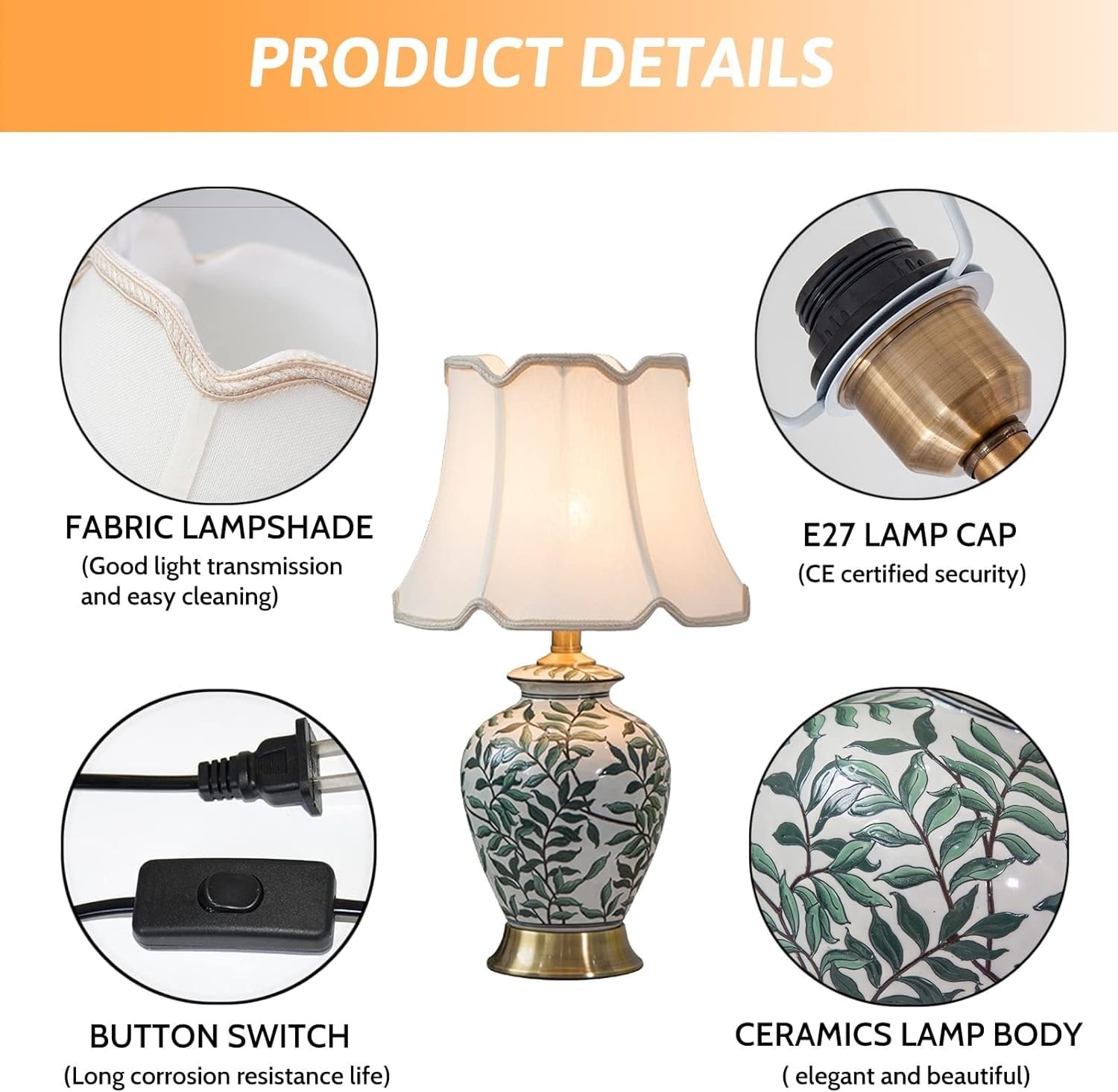 desk lamp 20,4” Biała ceramiczna lampa stołowa Lampa biurkowa w stylu chińskim ze złotą podstawą i zieloną lampą w kształcie liścia Konstrukcja korpusu Cottage Biurko nocne Stolik nocny Lampa stołowa