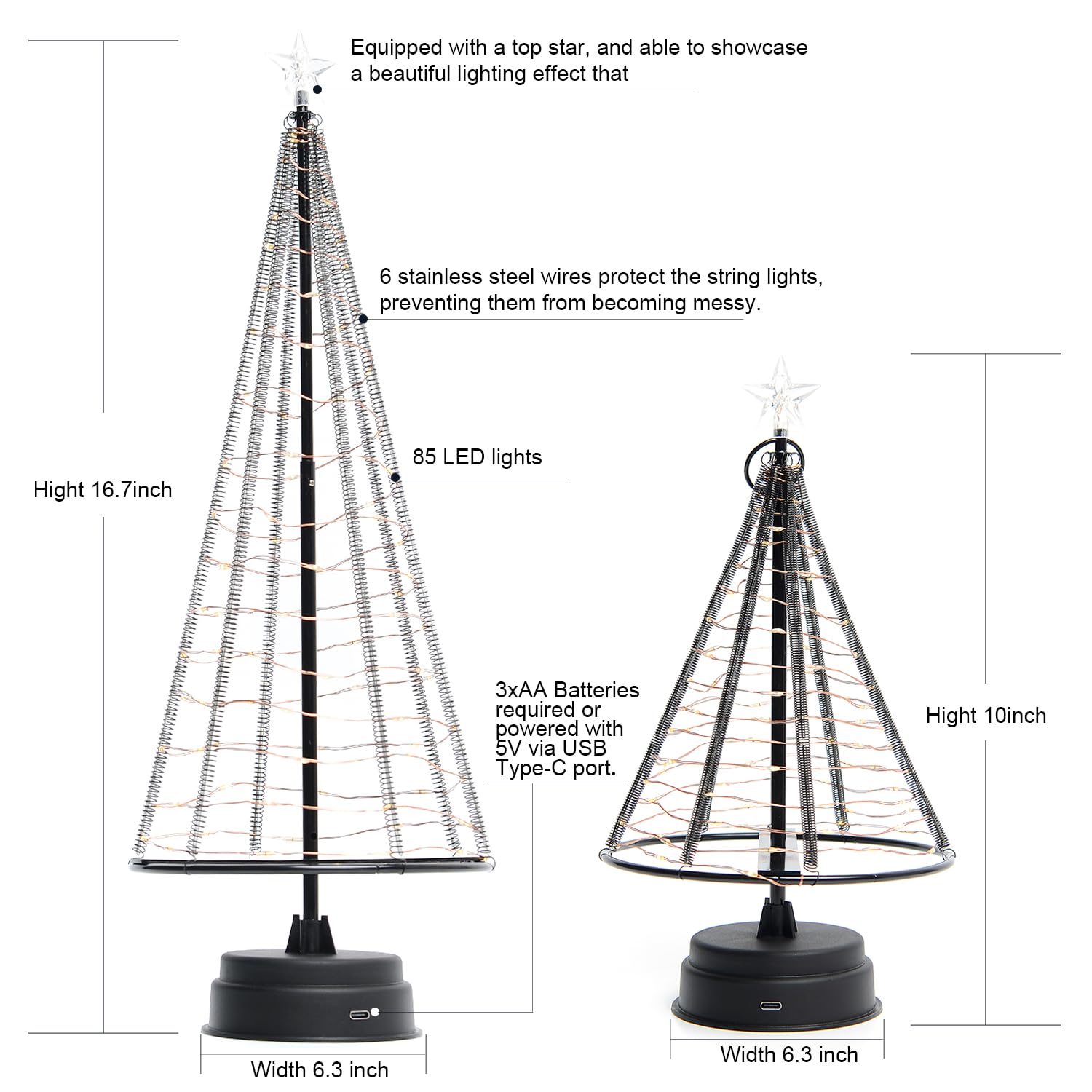 Honesty Santa's Tree,XL Black Mini-Weihnachtsbaum, 85 warmweiße LEDs auf Kupferdraht, mit Ladedatenleitung ， Tischlampe und schönen Dekorationen für Ihre Zimmer, 425 mm Hoch