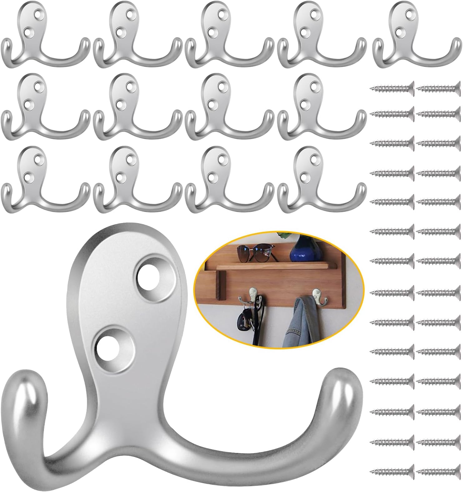 Homanu 14 Pack Coat Hooks, Heavy Duty Double Prong Coat Hooks Wall Mounted with 28 Screws, No Rust Silvery Metal Wall Hooks for Hanging Towel, Coat, Bag, Hat, Cup, Key