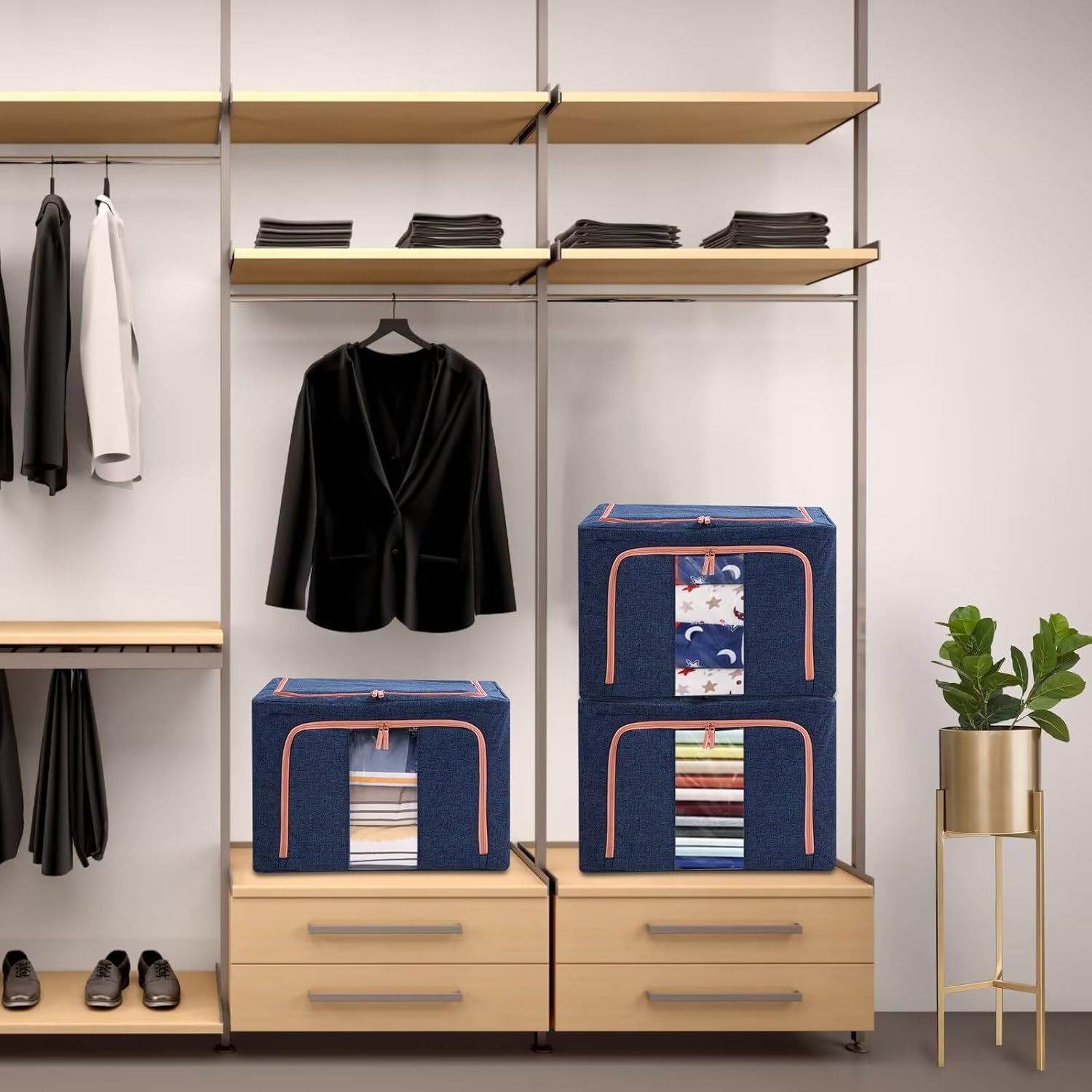 2 Pack 66L Stackable Clear Window Storage Bins Box for Clothes Foldable Frame Closet Organizer with Carry Handles Large Capacity Linen Fabric Containers Bags for Bedding Quilt